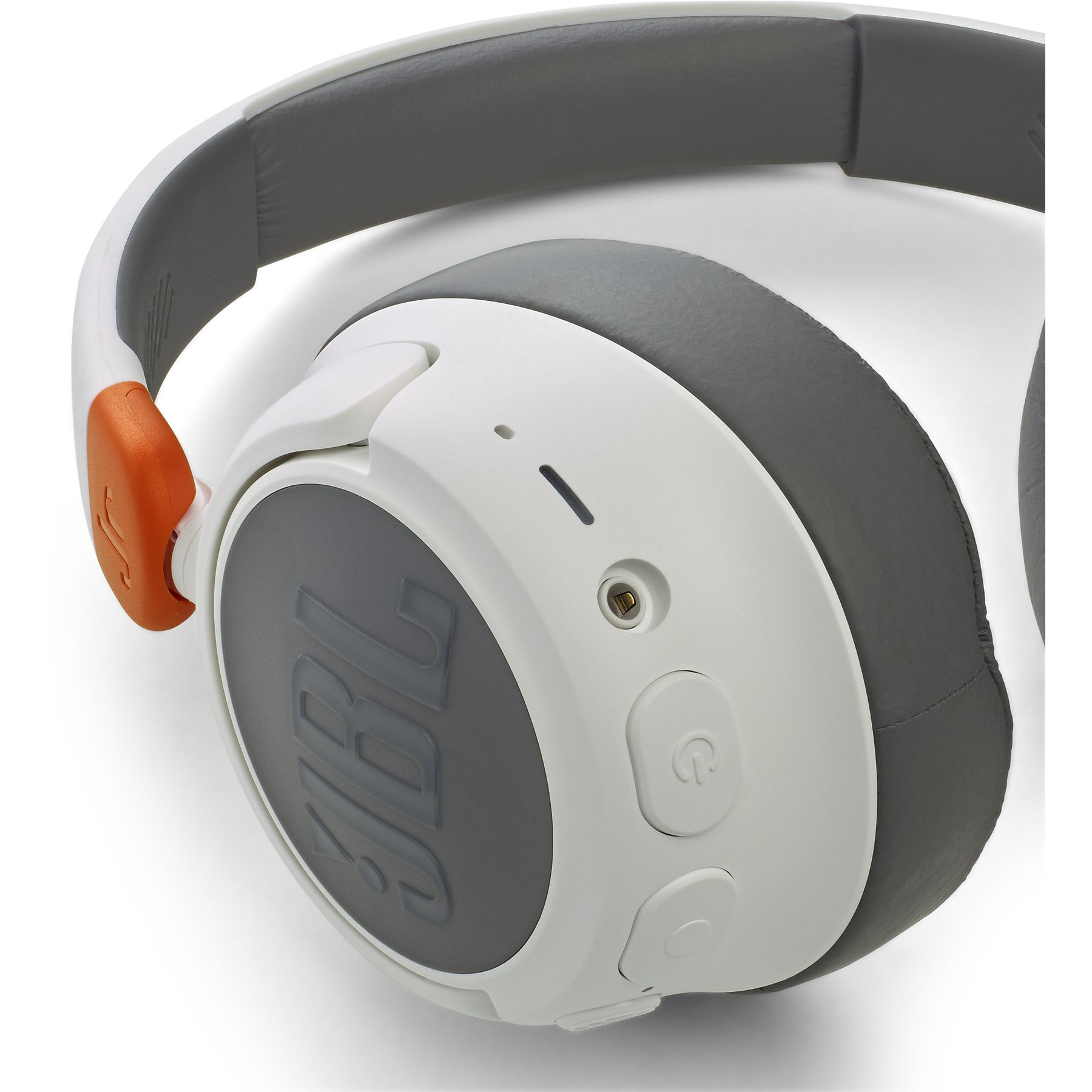Białe i szare słuchawki z pomarańczowym akcentem i logo JBL.