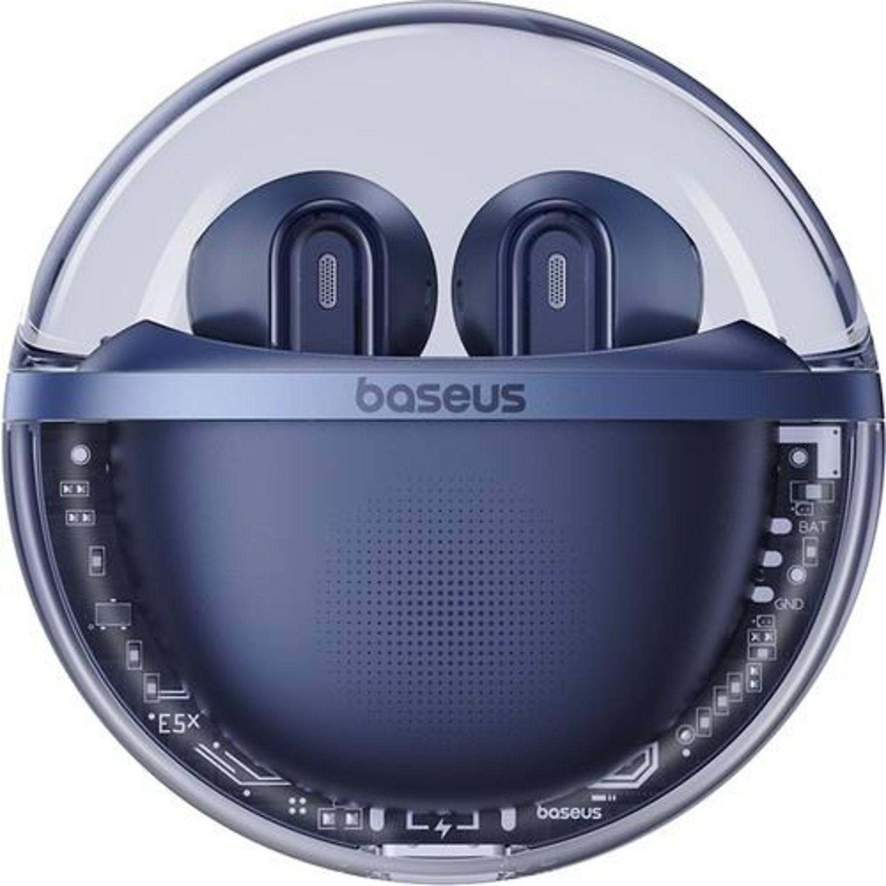 Niebieskie słuchawki Baseus w przezroczystej ładowarce z widocznymi obwodami.