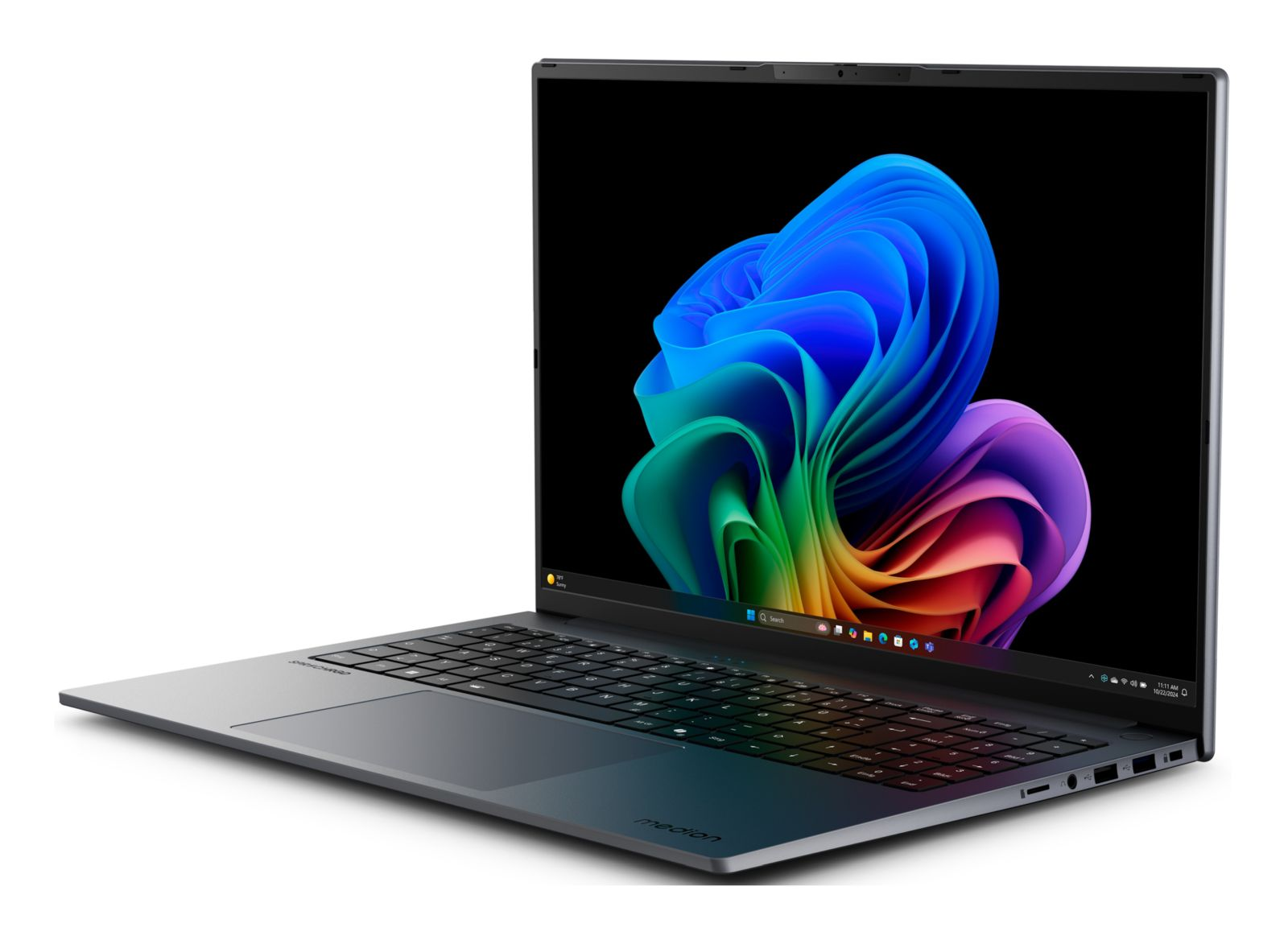 Ein graues Medion Laptop mit buntem Windows-Hintergrund auf schwarzem Bildschirm.