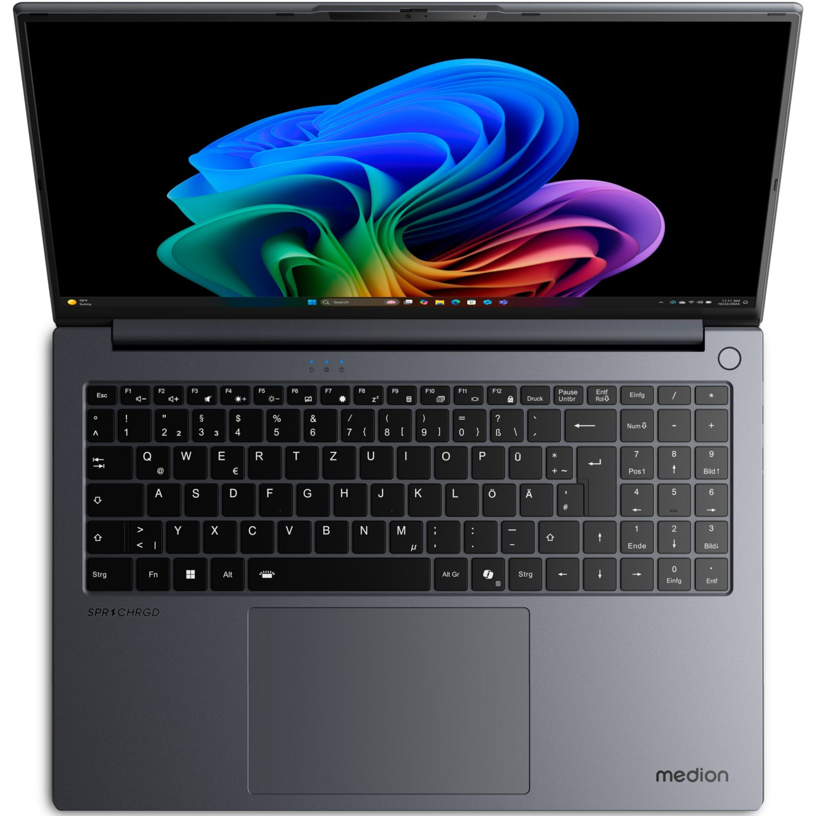 Ein geöffneter Laptop mit einem bunten abstrakten Hintergrundbild auf dem Bildschirm.