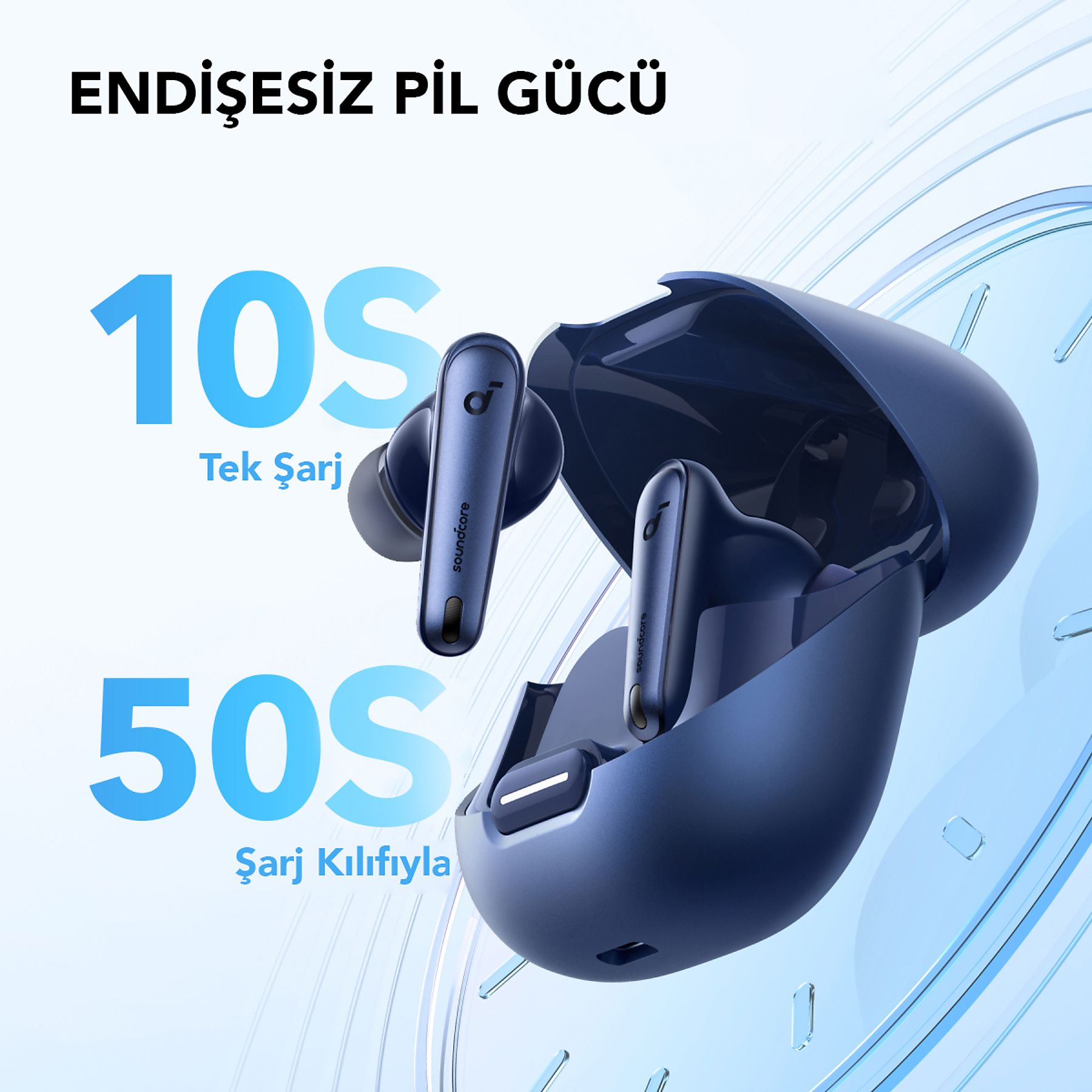 Auriculares azul marino con estuche de carga, mostrando 10S y 50S.