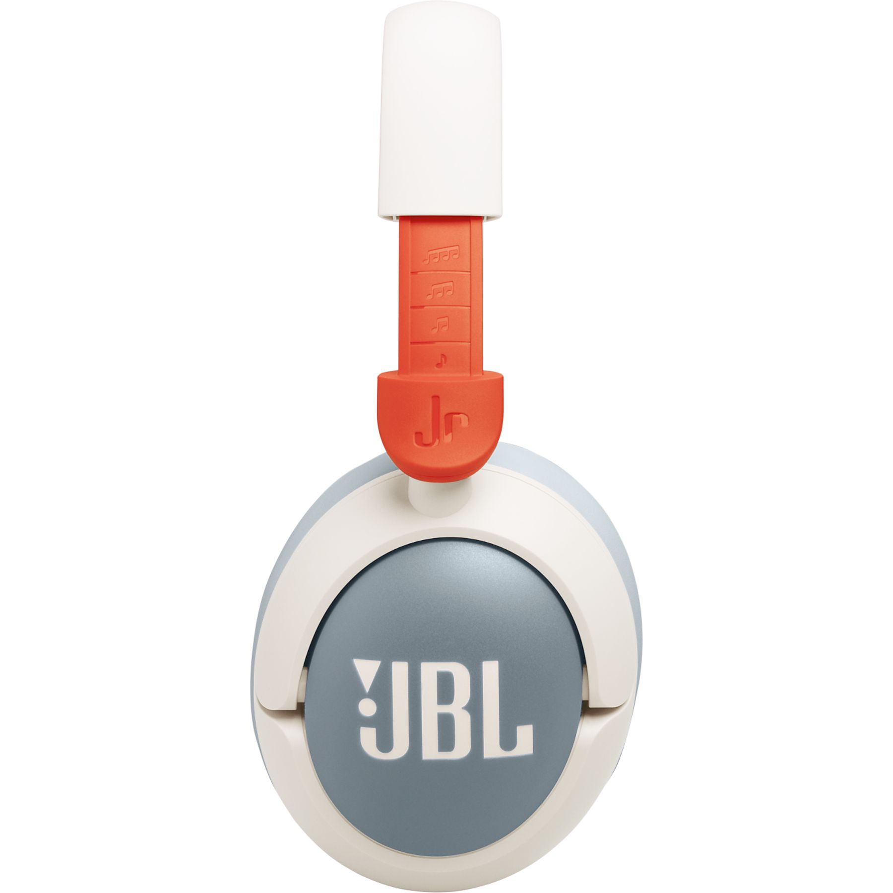 Białe i niebieskie słuchawki z logo JBL i pomarańczowym akcentem.