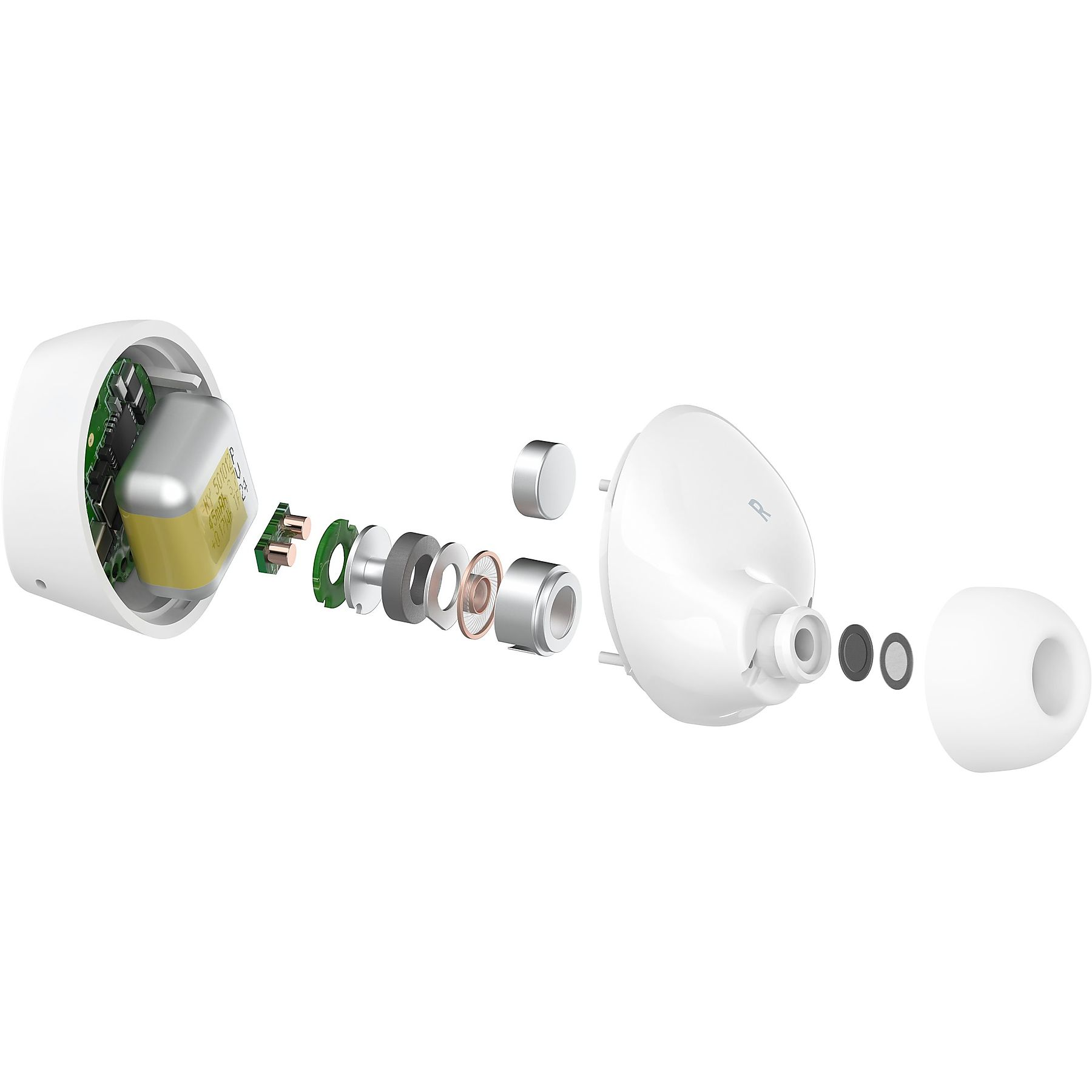 Widok rozstrzelony białej słuchawki z widoczną baterią i elektroniką.