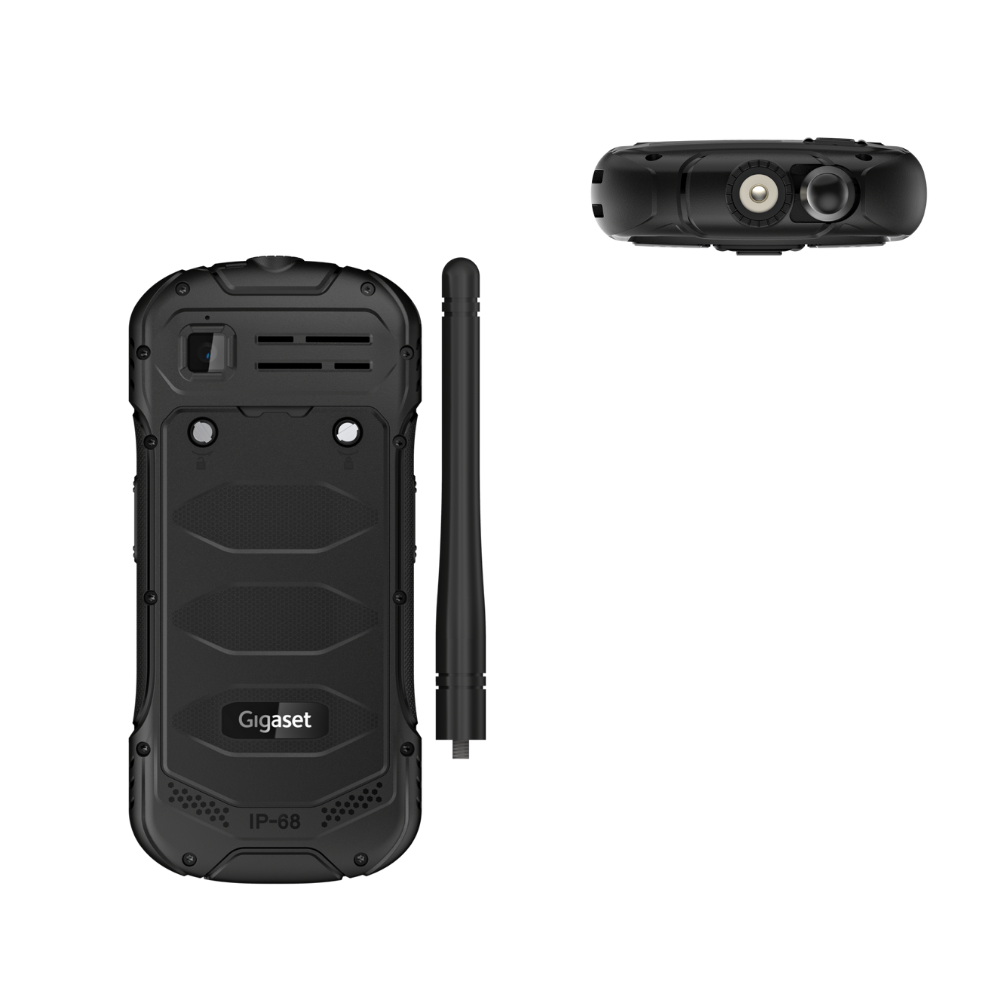 Schwarzes robustes Gigaset-Telefon mit Antenne und IP-68-Kennzeichnung.