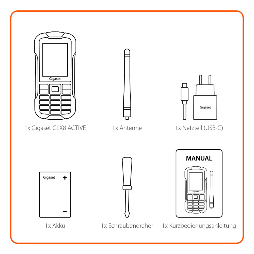 Gigaset GLX8 ACTIVE, Antenne, Netzteil, Akku, Schraubendreher, Anleitung.
