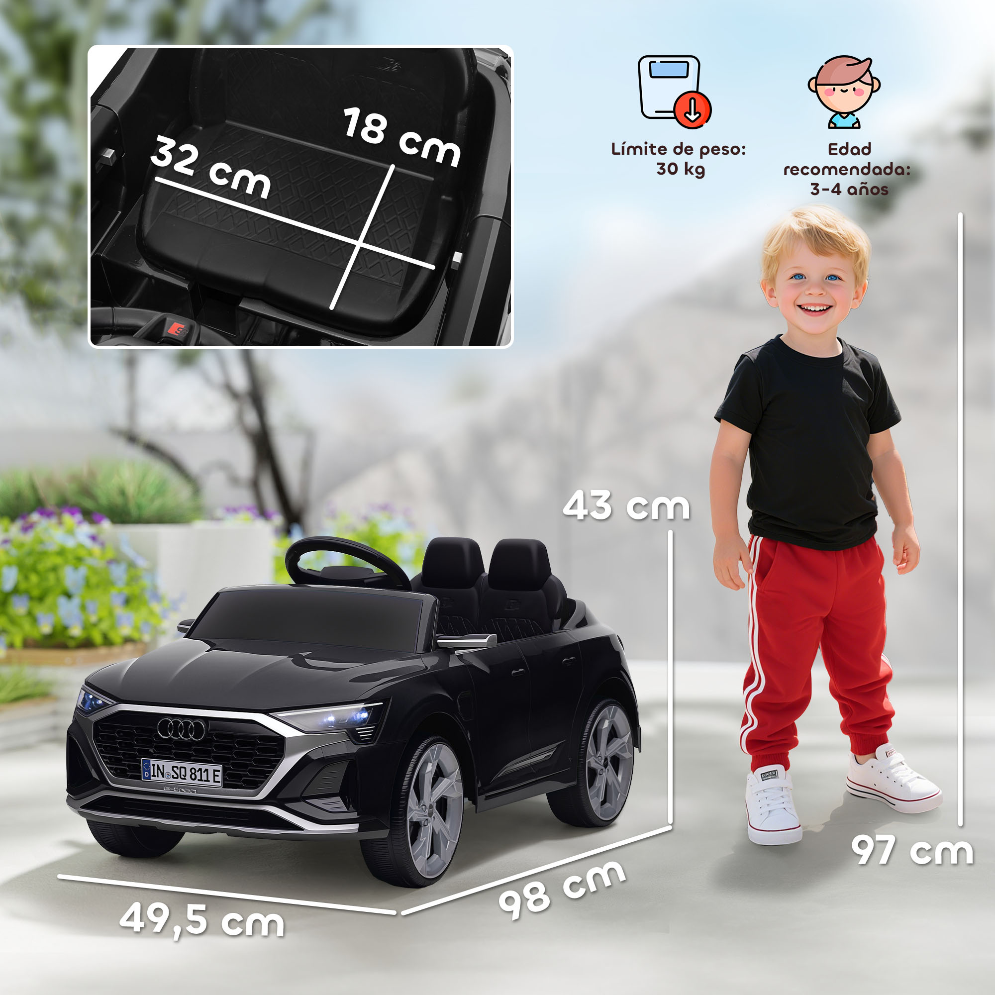 Audi de juguete negro con niño. Se muestran dimensiones y recomendación de edad (3-4 años).