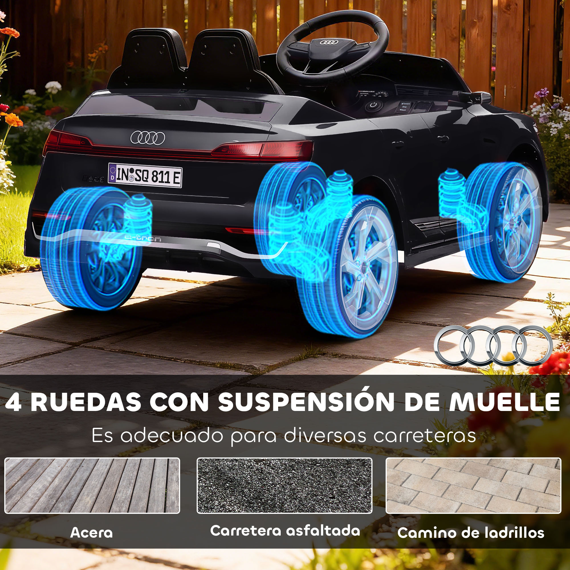 Coche de juguete eléctrico Audi negro con suspensión, mostrando superficies.
