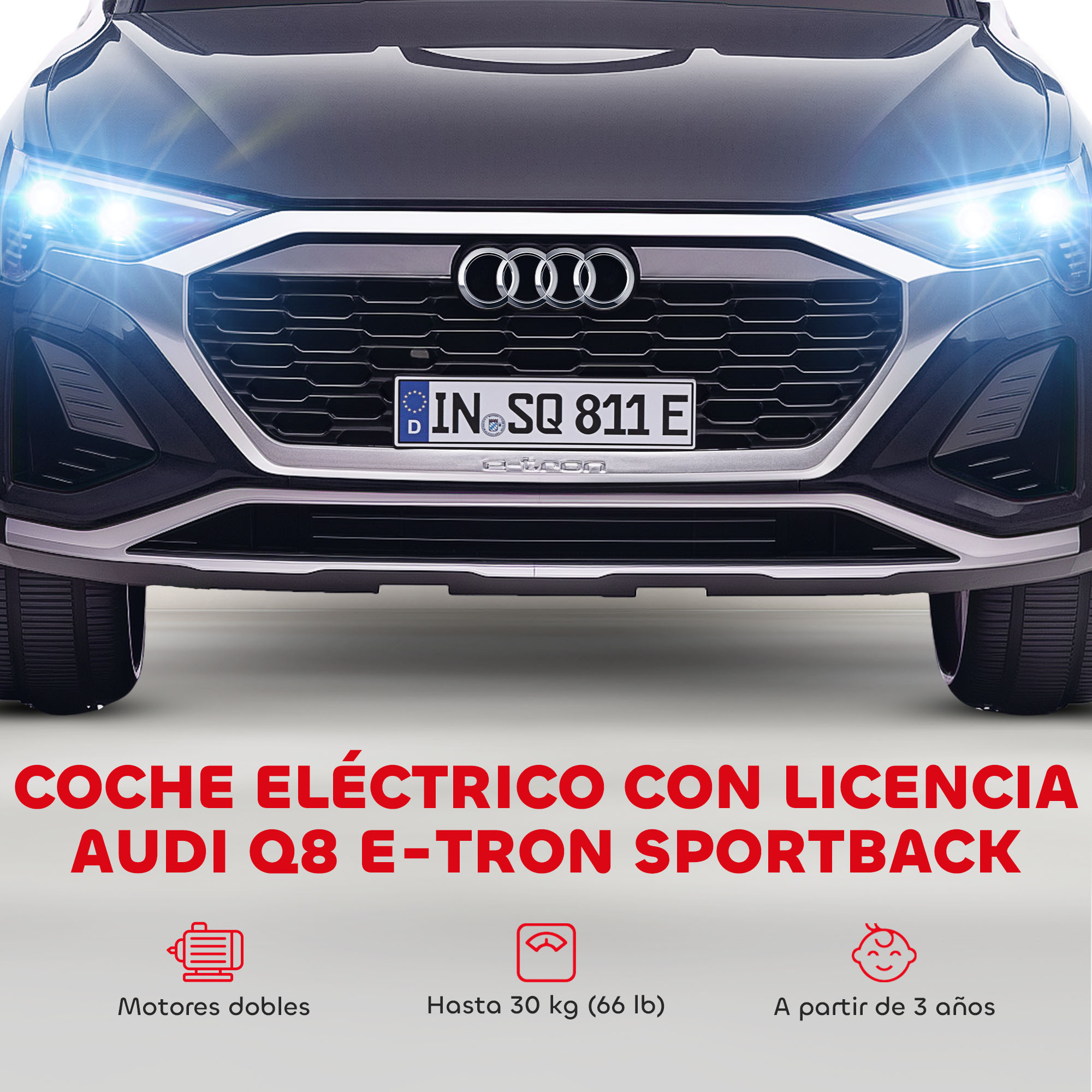 Audi Q8 E-Tron negro con faros encendidos y matrícula.