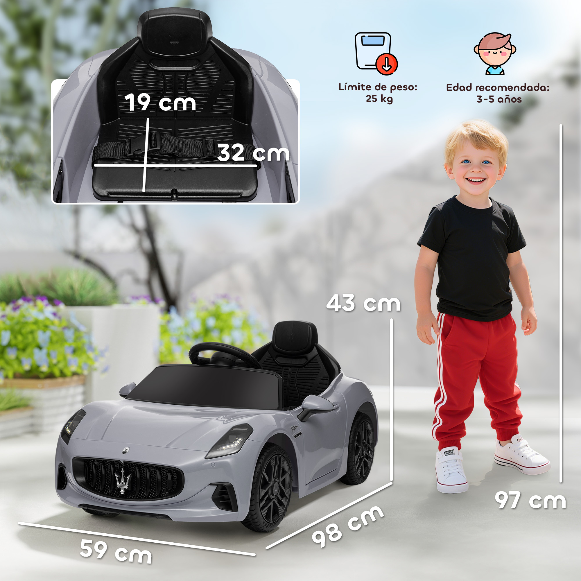 Un niño junto a un coche de juguete gris. Se indican las dimensiones.