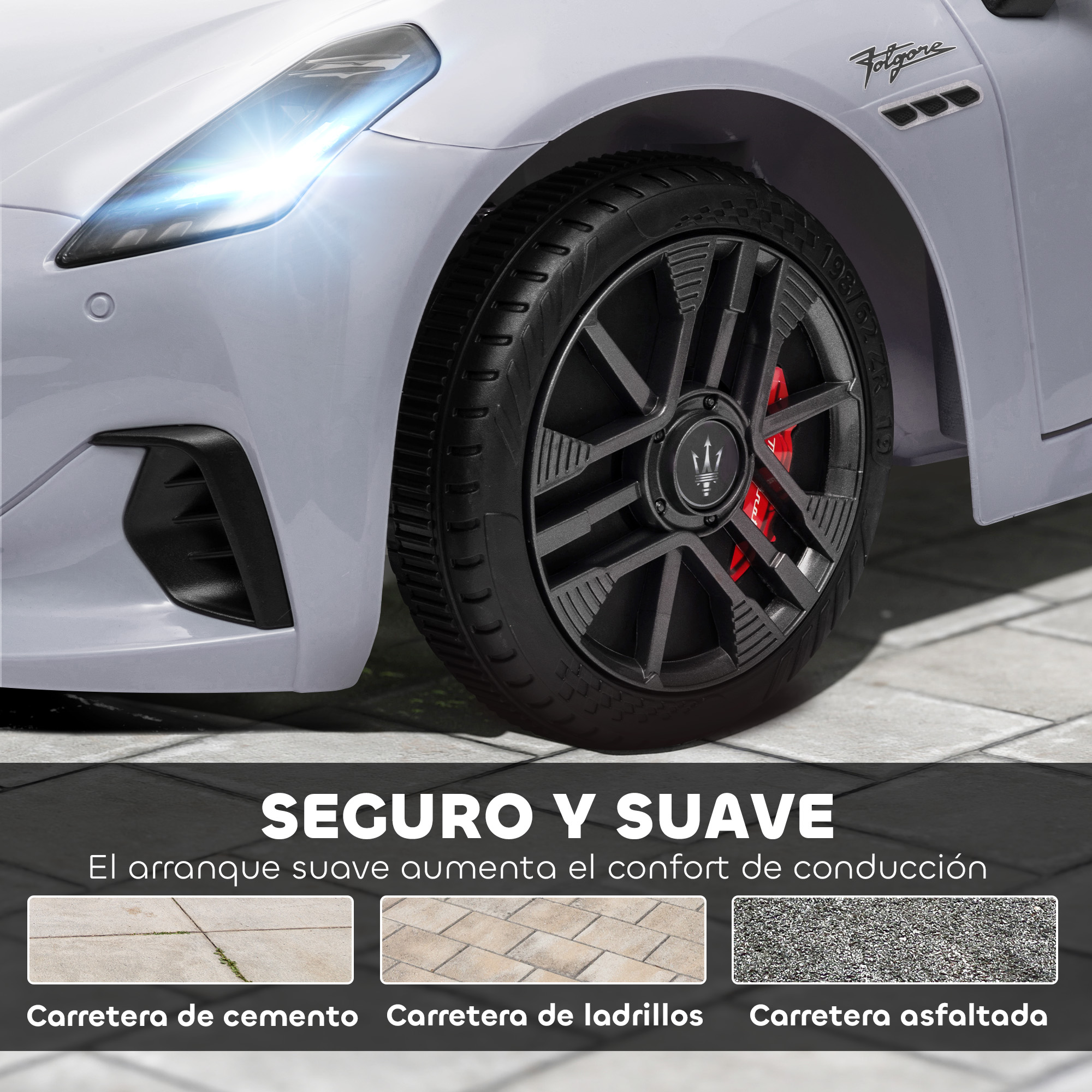 Coche eléctrico gris con faros, rueda y logo "Folgore".