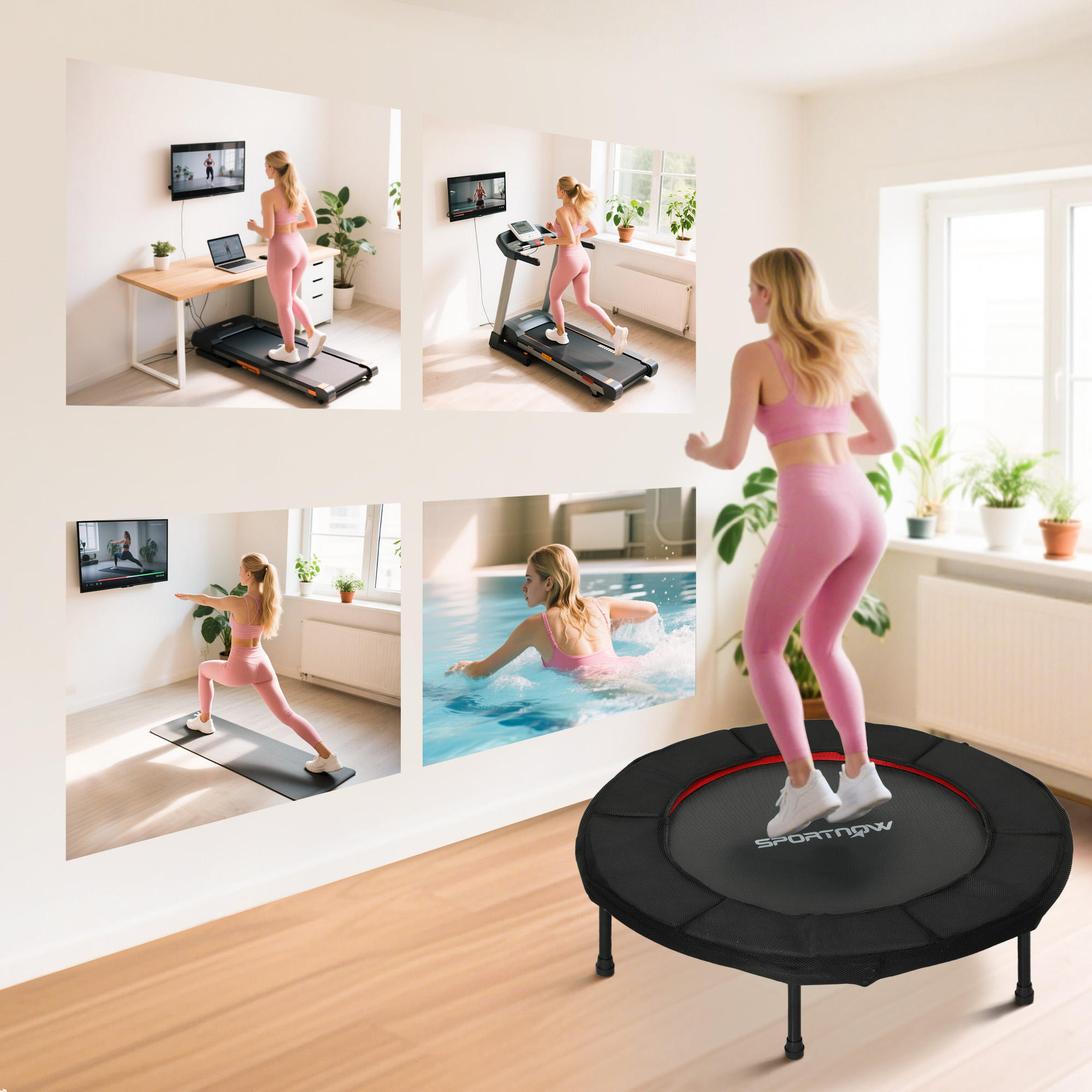 Mujer saltando en un trampolín, rodeada de imágenes de ejercicio.