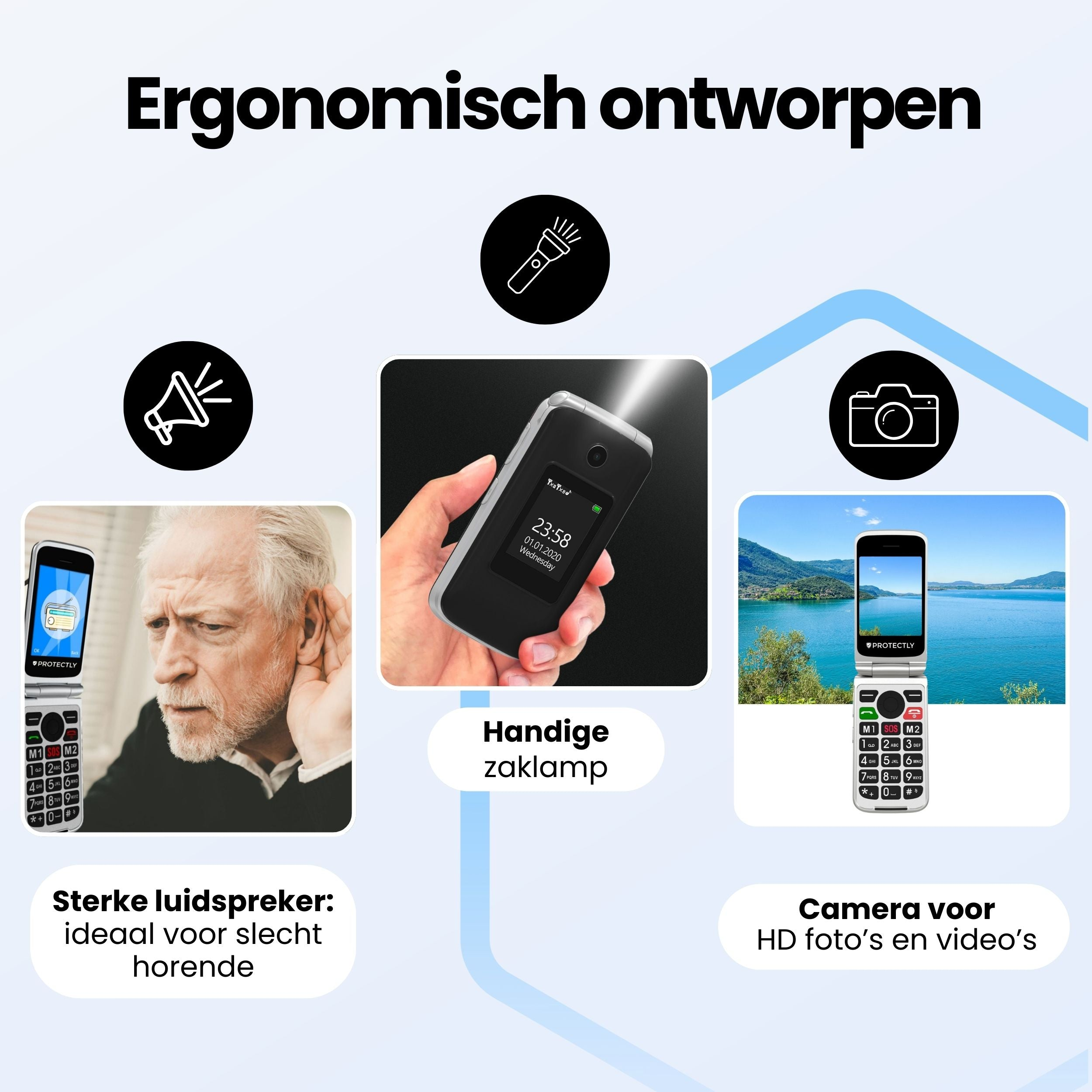 A flip phone showcasing its loud speaker, flashlight, and camera features.