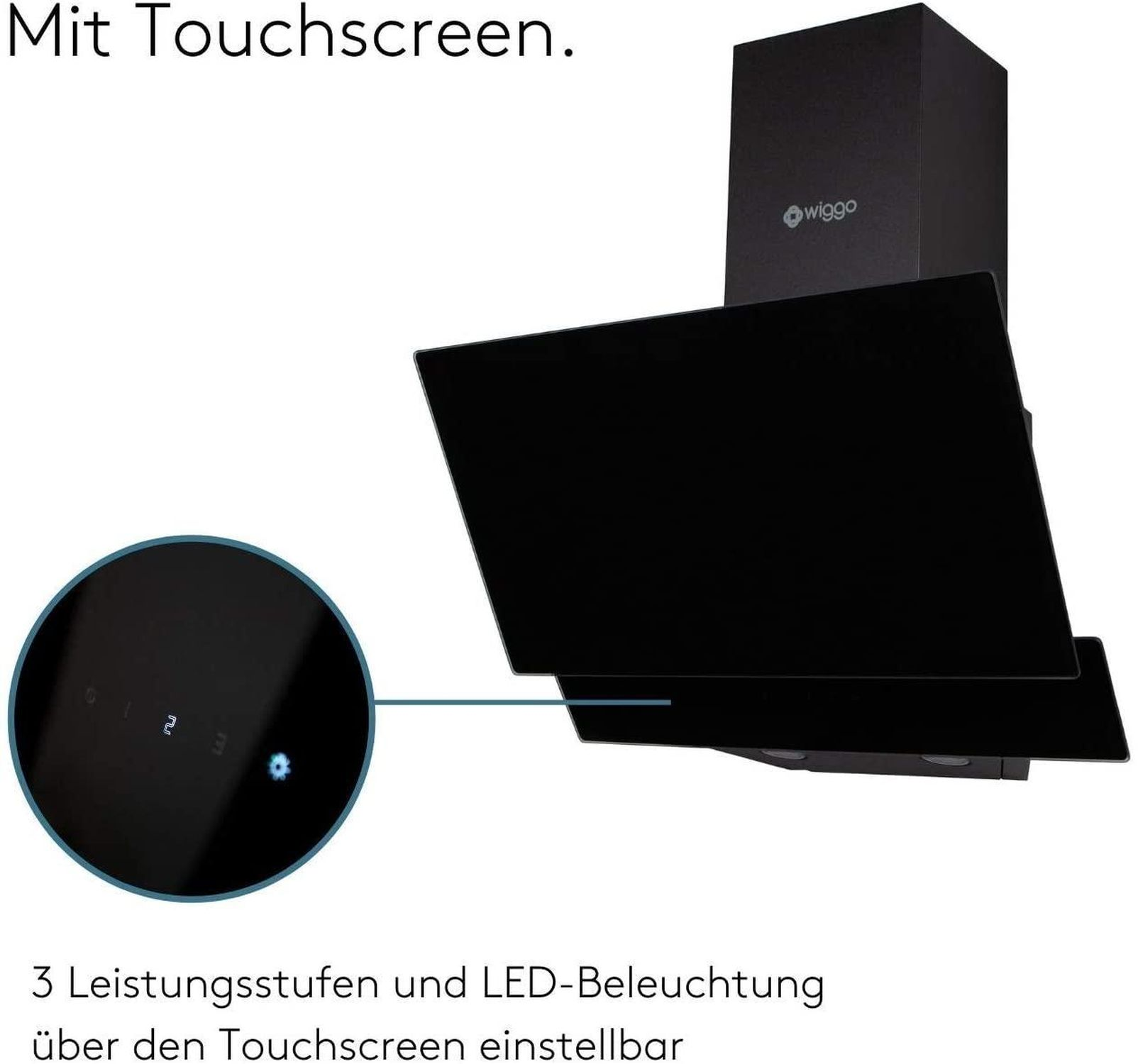 Schwarze Dunstabzugshaube mit Touchscreen-Bedienfeld und LED-Beleuchtung.