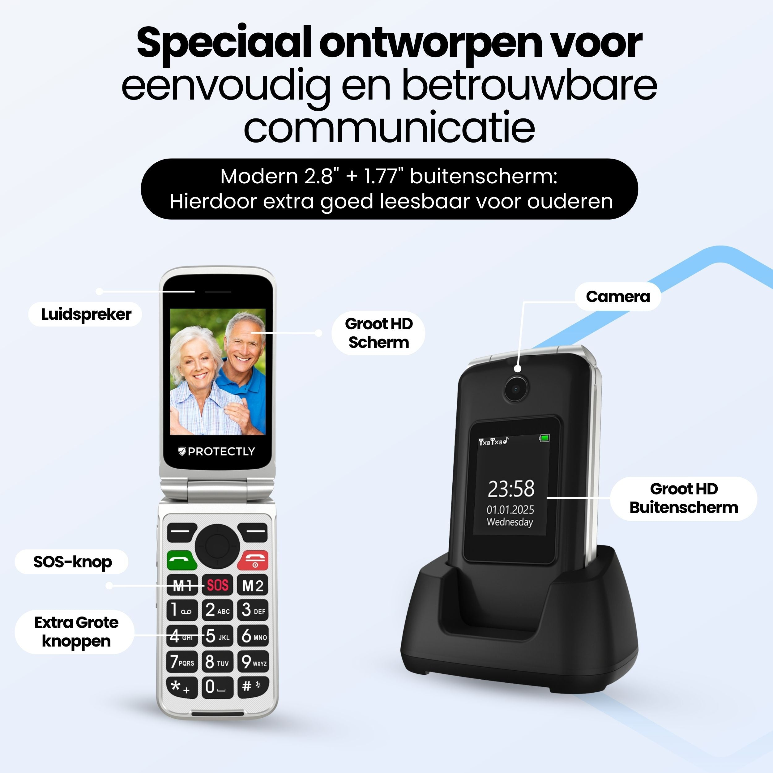 A flip phone with a large screen, big buttons, and an SOS function.