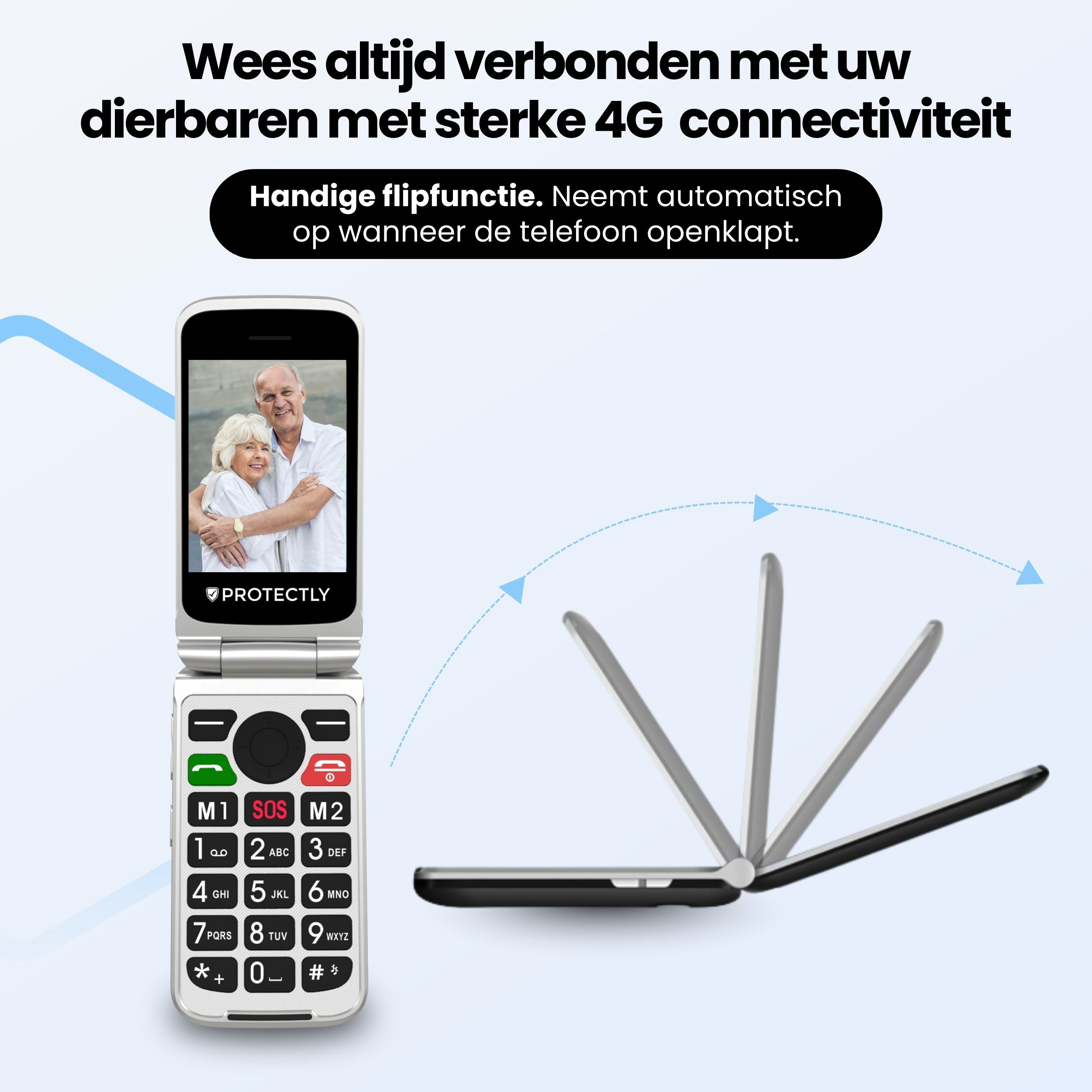 A silver flip phone displays an older couple and has keypad buttons.