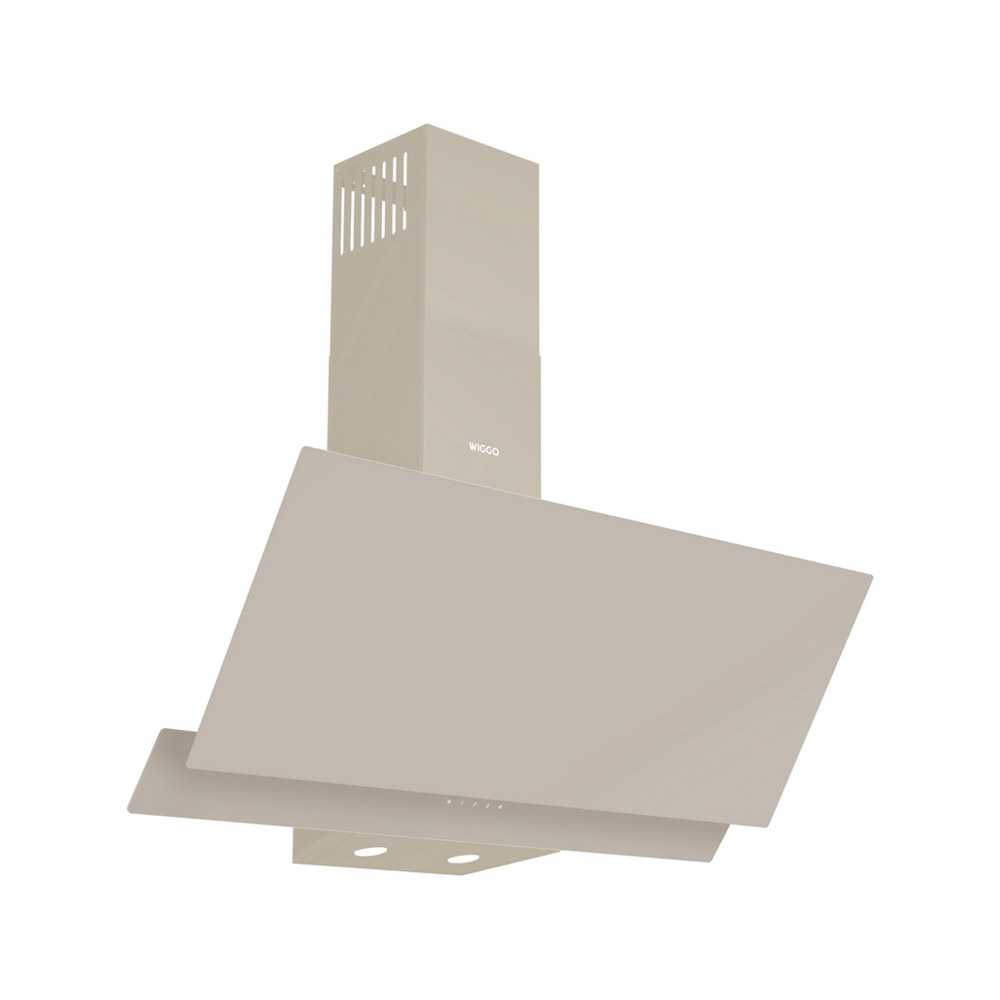Een beige afzuigkap met zilveren logo en lampen.