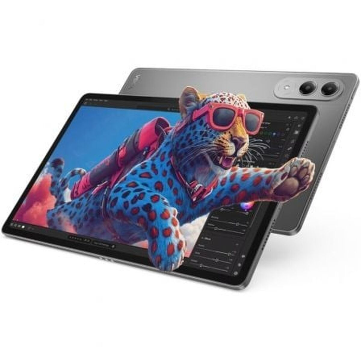 Ein blauer Leopard mit roten Flecken trägt eine Sonnenbrille und Rucksack auf einem Tablet.