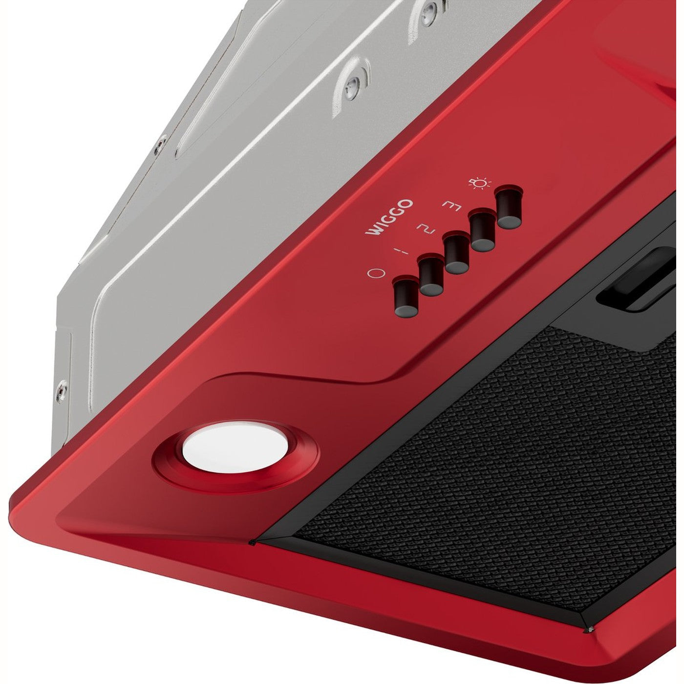 Hotte aspirante rouge avec commandes et une lumière.
