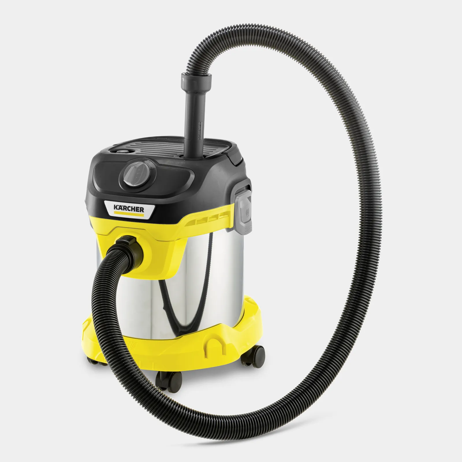 Żółto-czarny odkurzacz Karcher z elastycznym czarnym wężem.