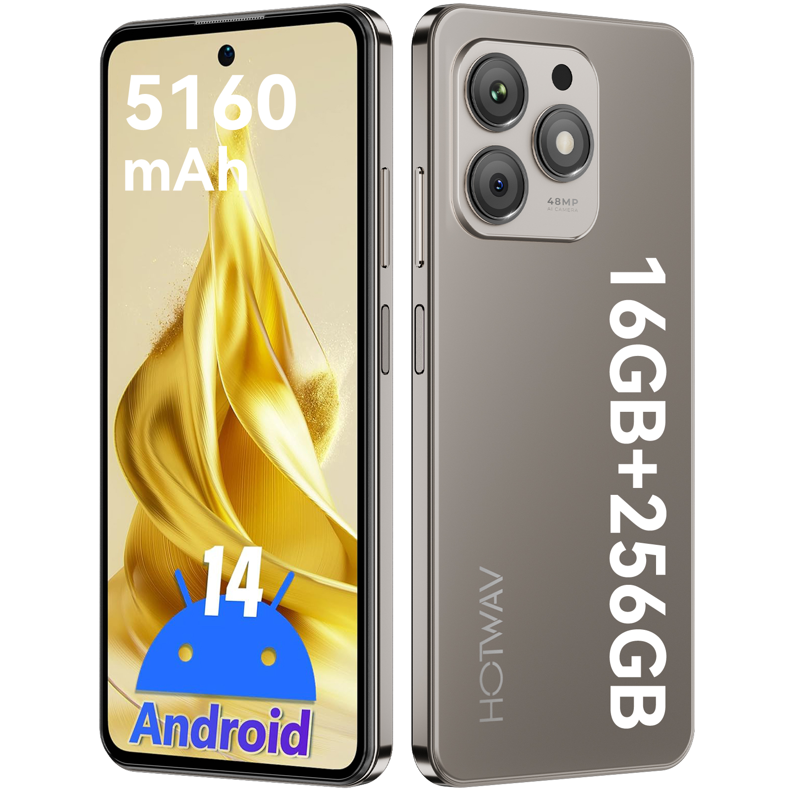 Graues Smartphone mit 3 Kameras, 5160mAh, Android 14, 16GB+256GB.