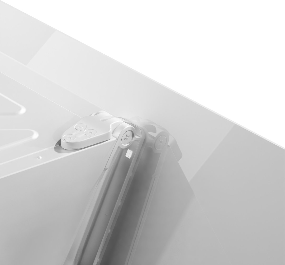 Un mécanisme de charnière en plastique blanc sur une surface blanche.