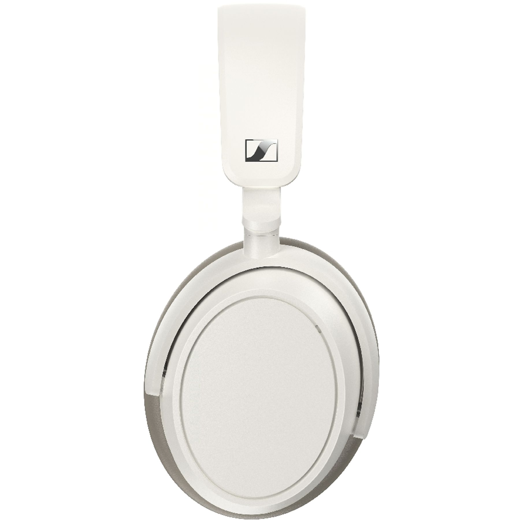 Białe słuchawki z srebrnymi akcentami i logo.