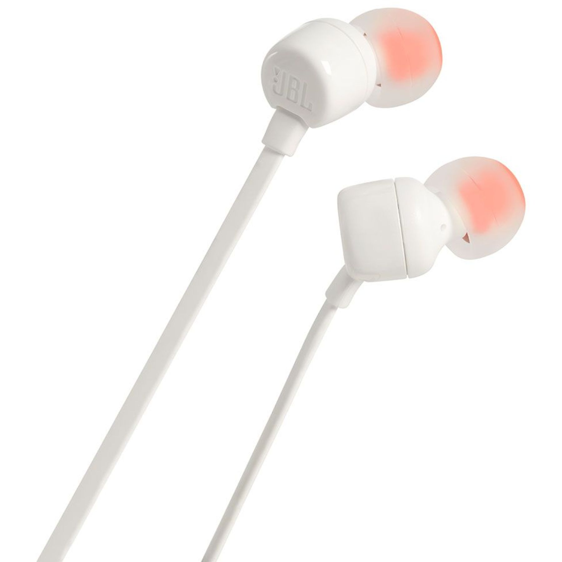 Weiße JBL-Ohrhörer mit leuchtend korallenfarbenen Spitzen auf weißem Hintergrund.