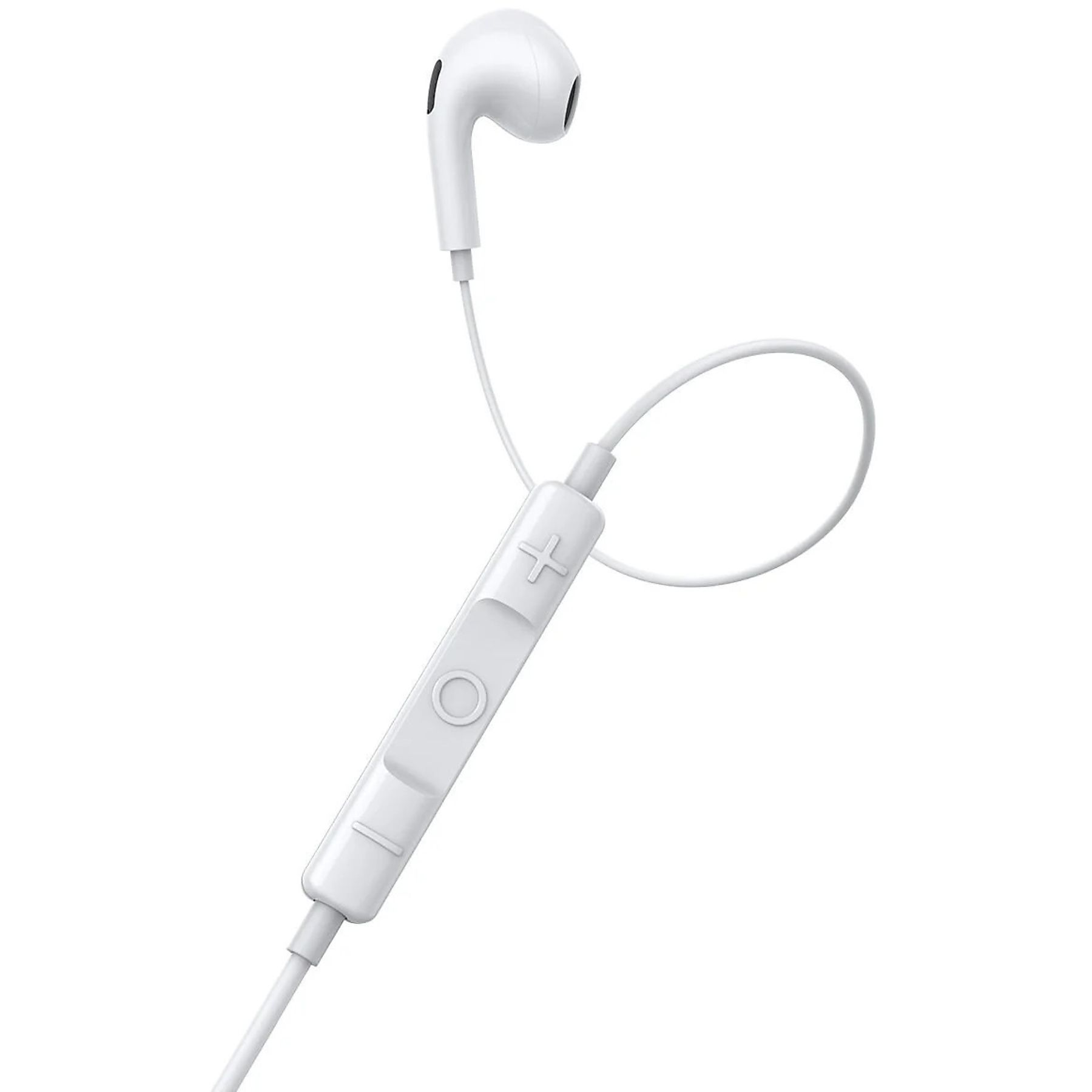 Auriculares blancos intrauditivos con cable y control remoto.