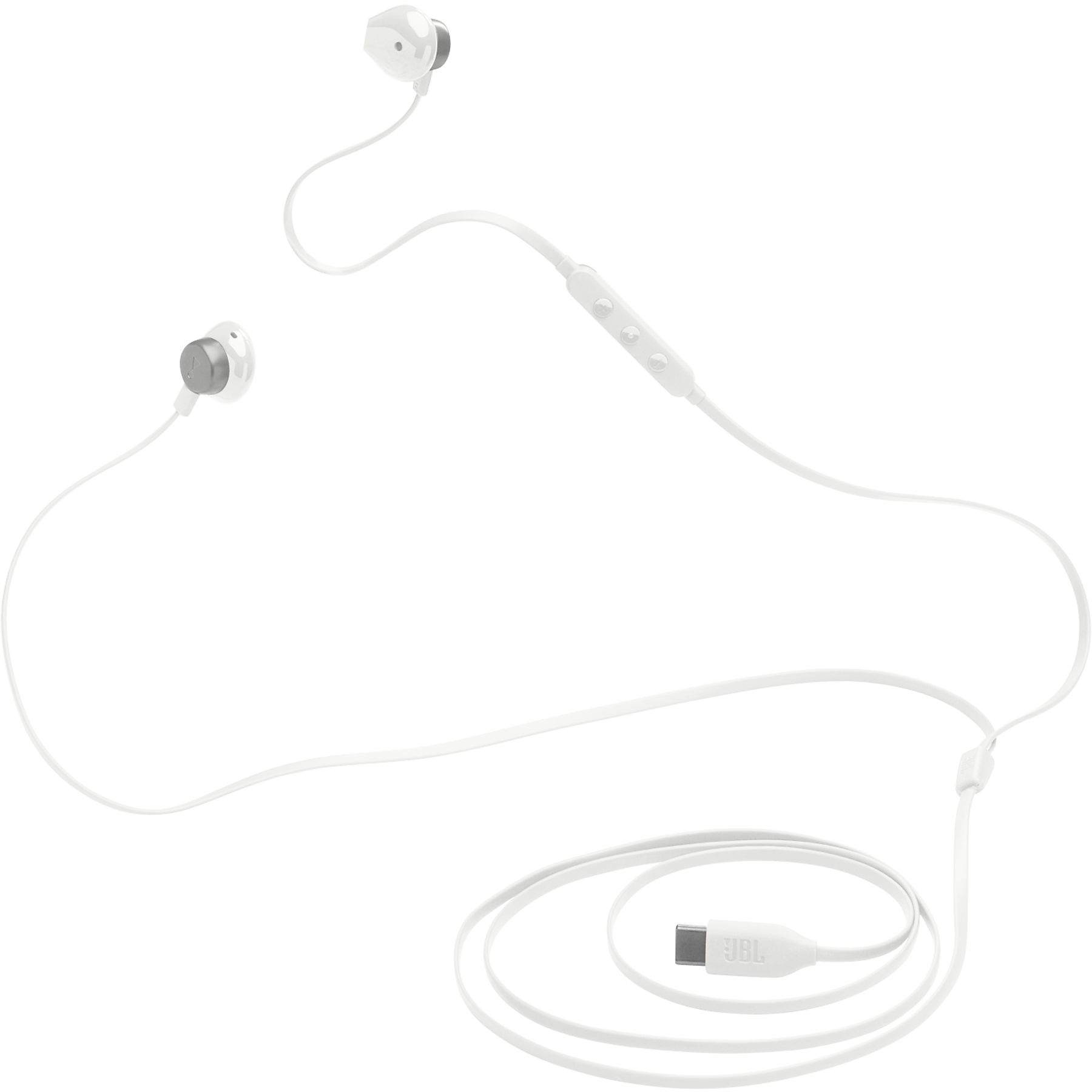 Białe słuchawki JBL ze złączem USB-C i końcówkami dousznymi.