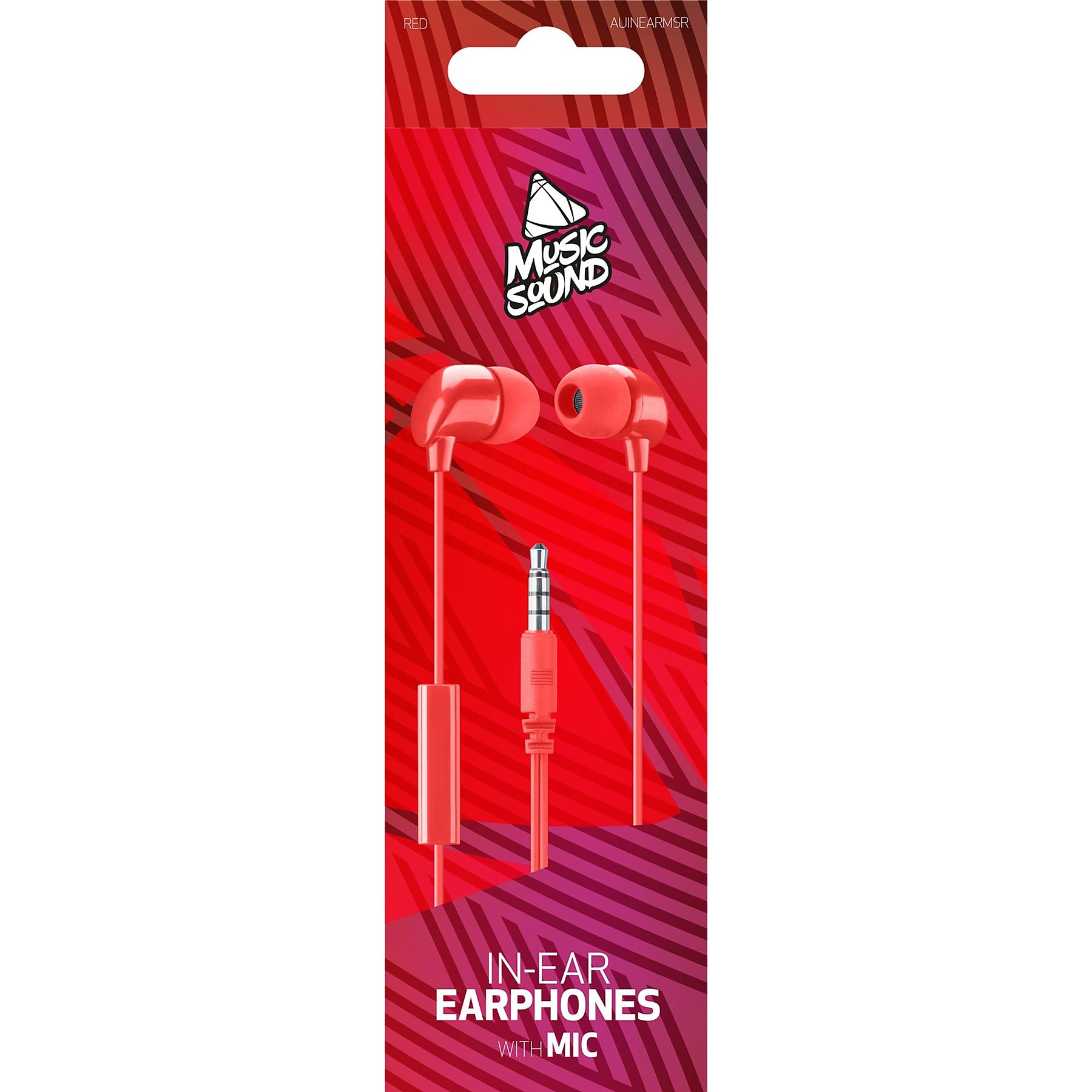 Rote In-Ear-Kopfhörer mit Mikrofon auf rotem Hintergrund.