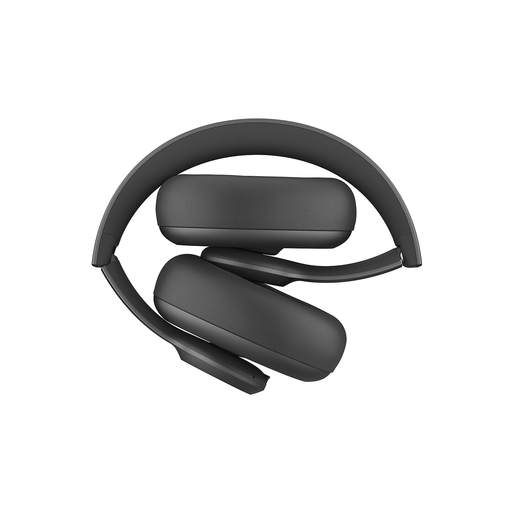 Casque noir pliable avec écouteurs rembourrés sur fond blanc.