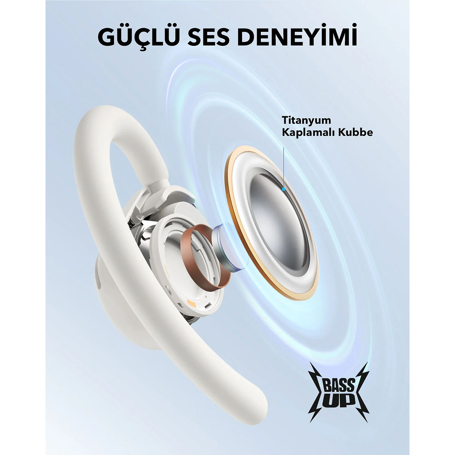 Auricular inalámbrico detallado, destacando el controlador con titanio.