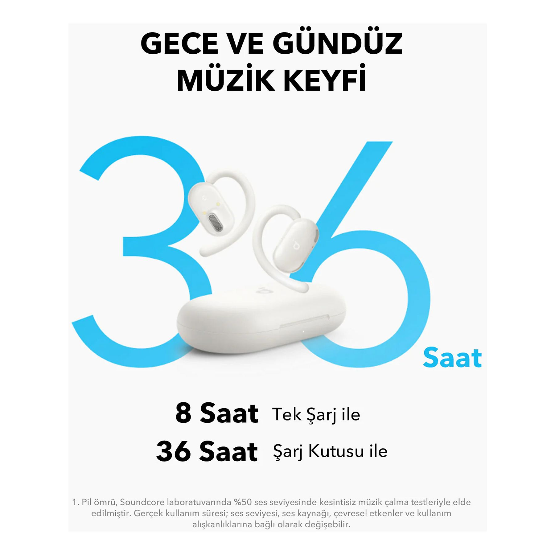 Auriculares inalámbricos blancos con estuche de carga y un 36 azul.