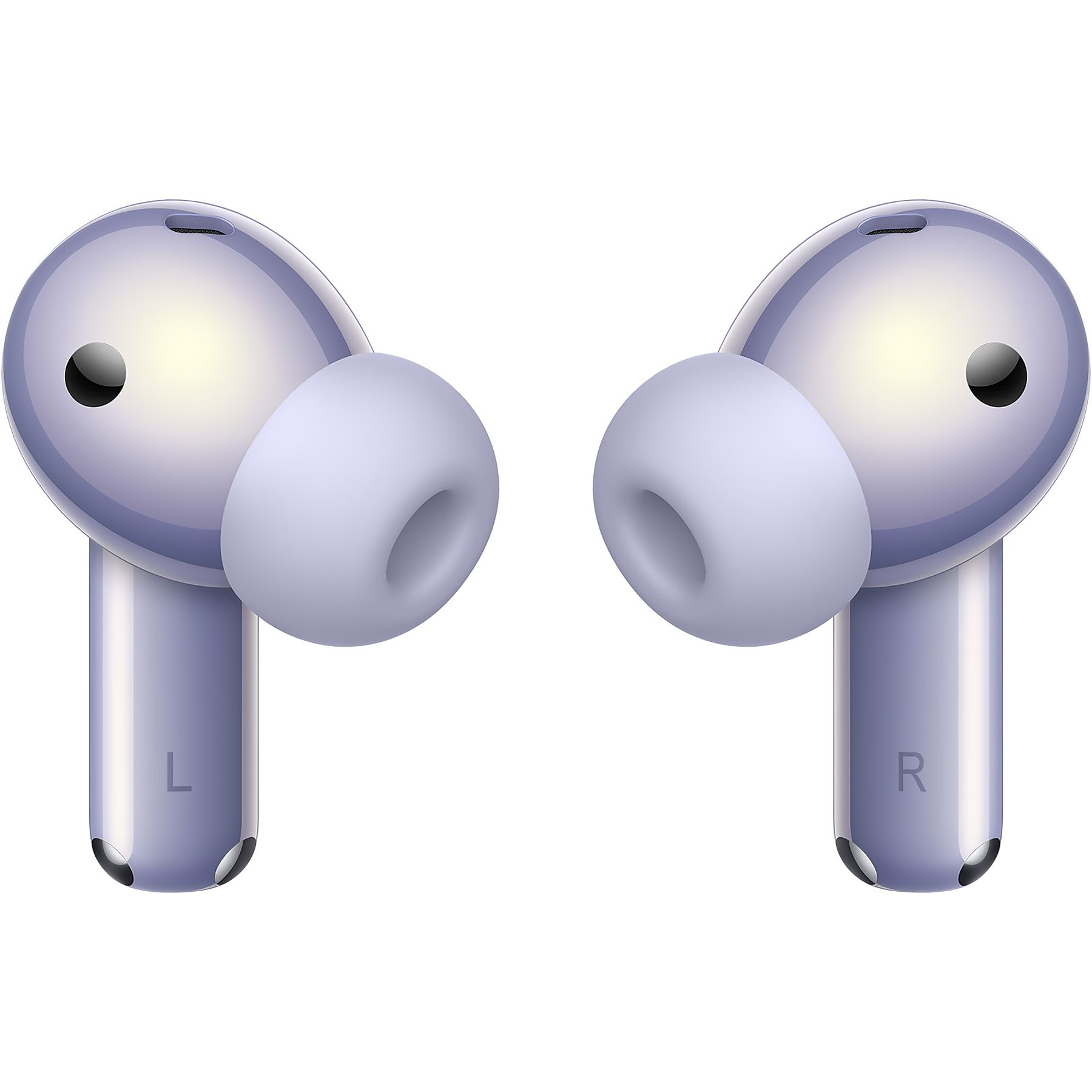 Para fioletowych słuchawek bezprzewodowych z oznaczeniami L i R.