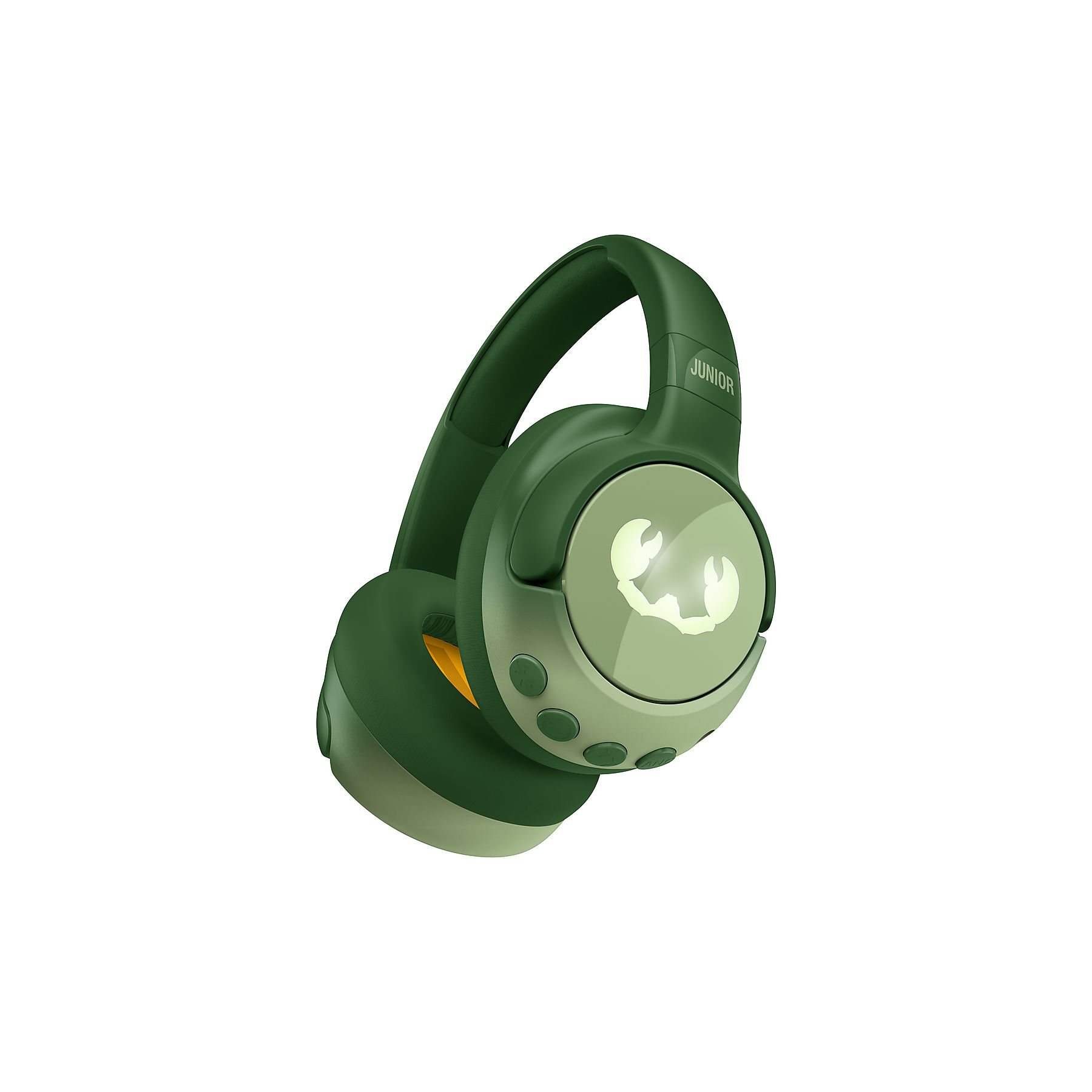 Zielone słuchawki z grafiką kraba i żółtymi akcentami. Opisane 'JUNIOR'.