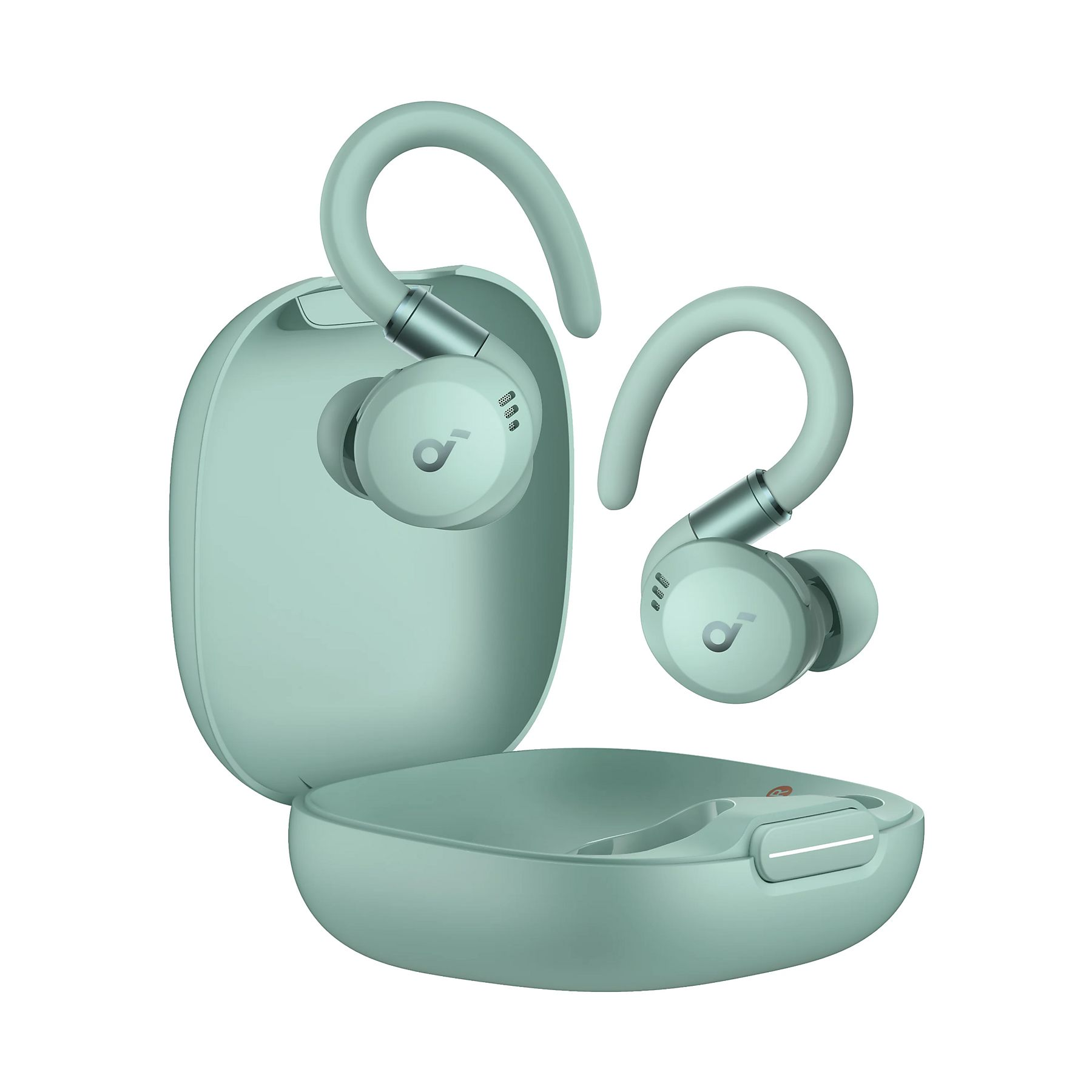 Para miętowych zielonych słuchawek bezprzewodowych z zaczepami i etui ładującym.