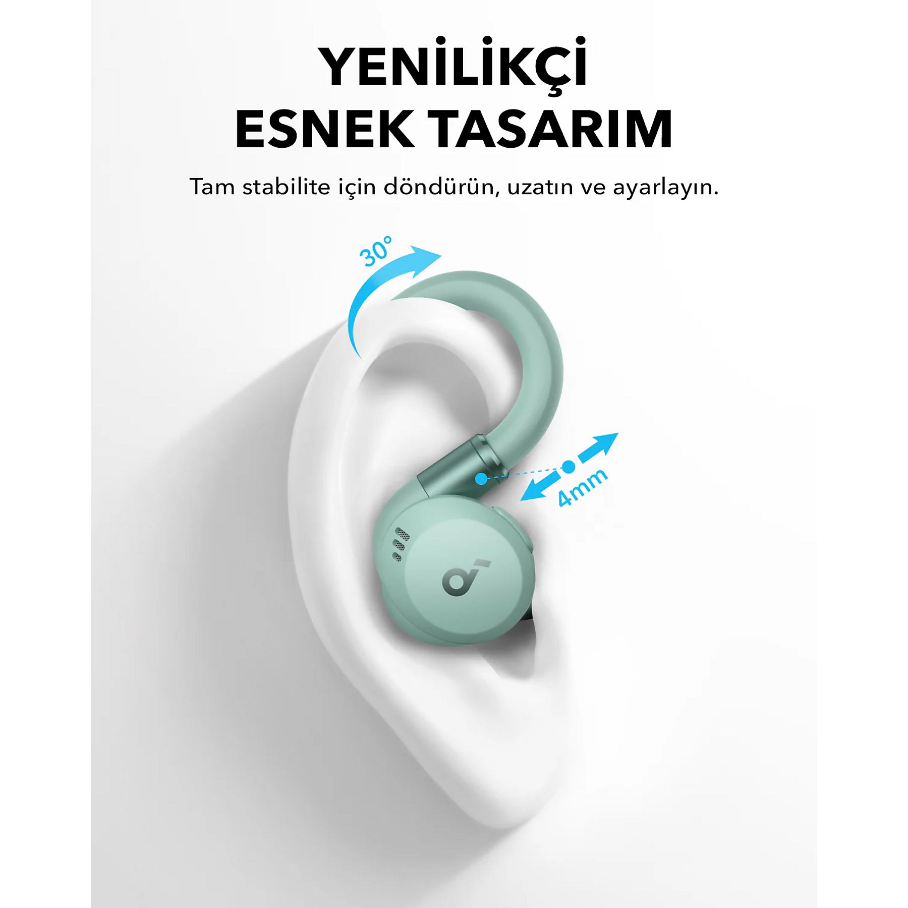 Tekst turecki: Słuchawka umieszczona w uchu, elastyczny design.