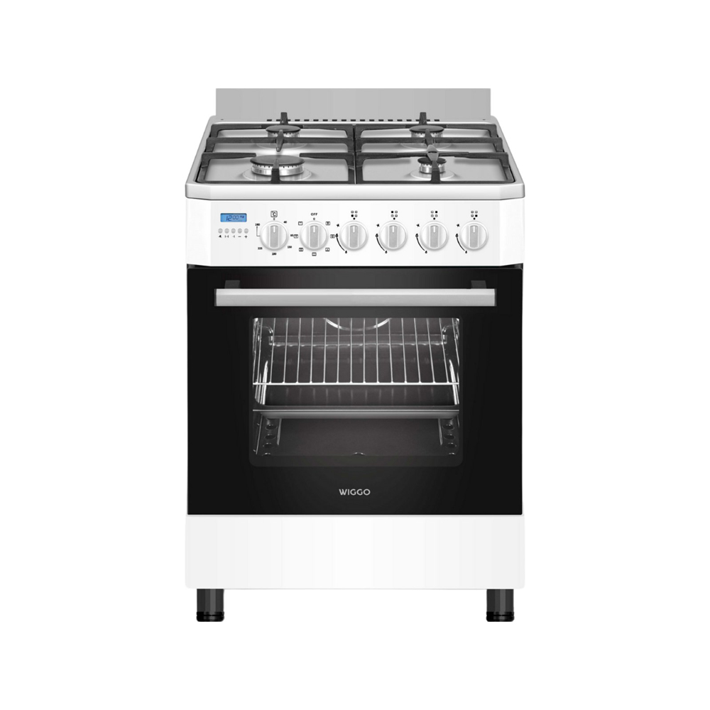 Een witte gasfornuis met vier branders en een oven met glazen deur.