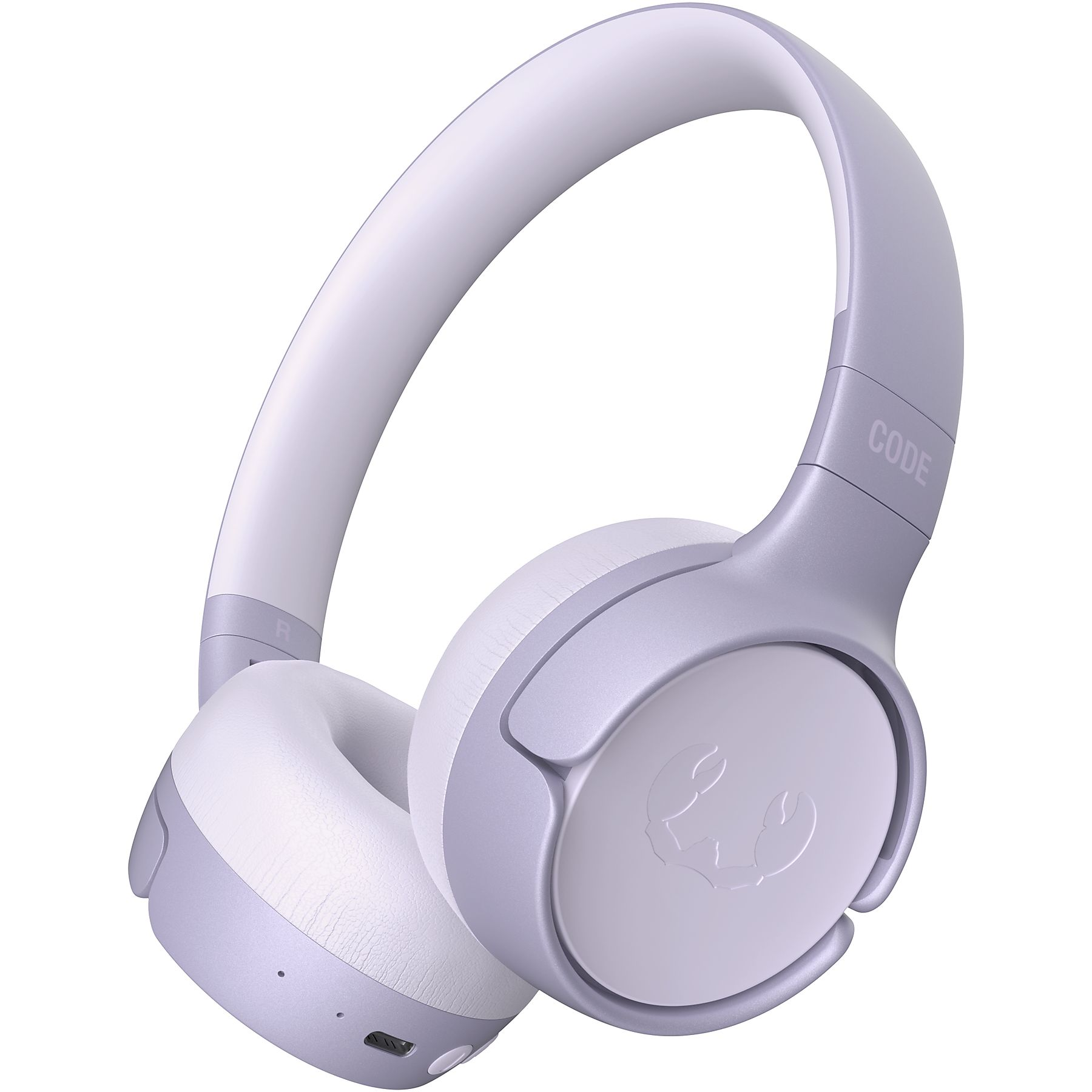 Cuffie viola con imbottitura bianca e logo "CODE".