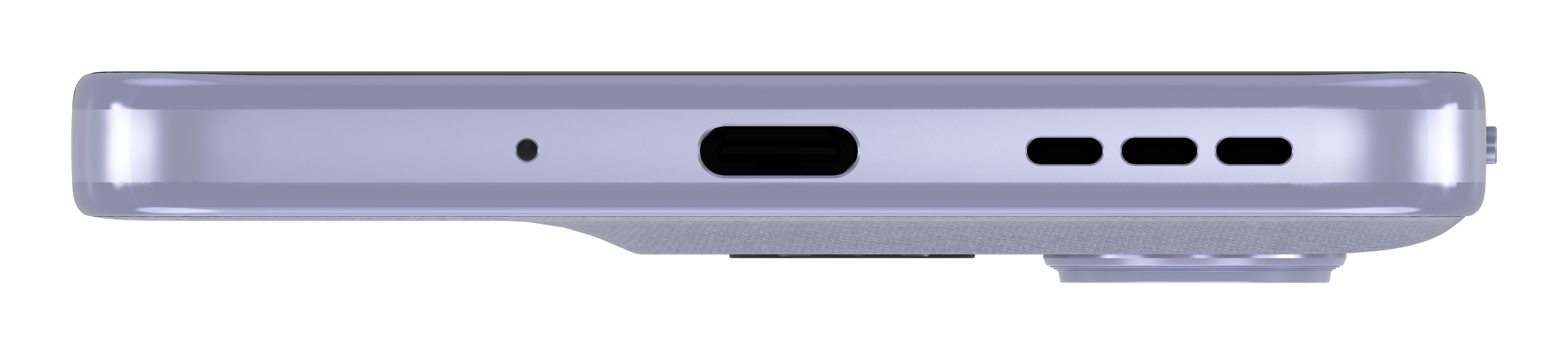 Fioletowy spód smartfona z portem USB-C, mikrofonem i maskownicami głośników.