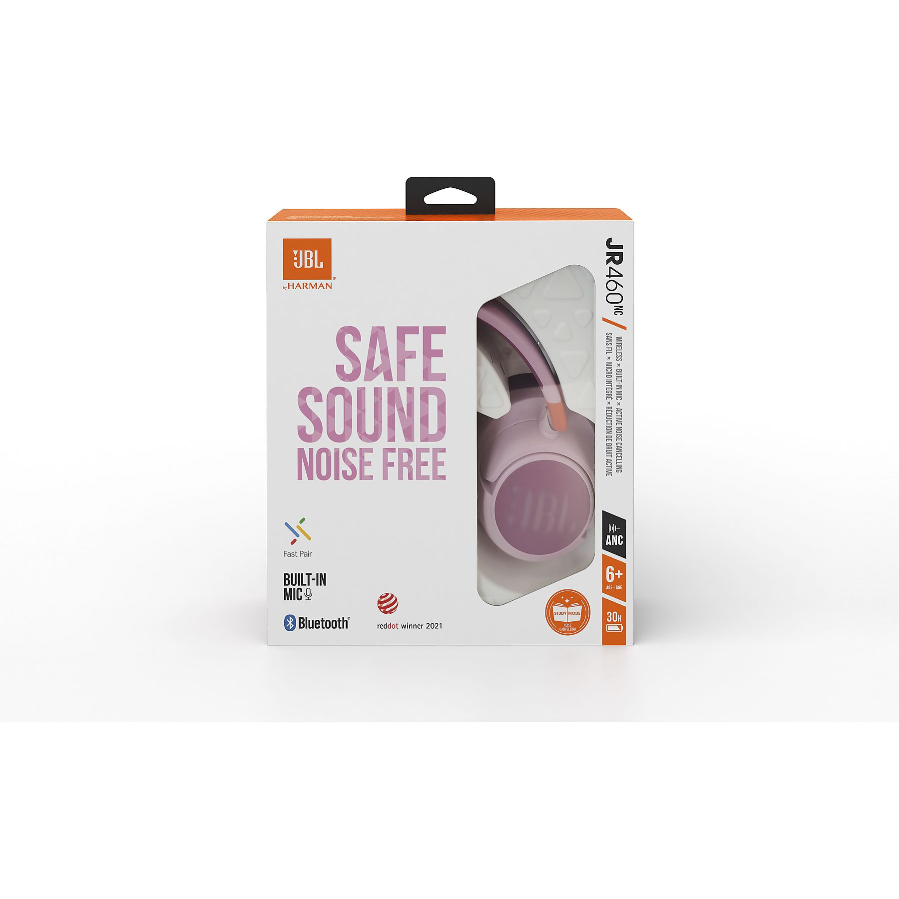 Opakowanie słuchawek JBL JR460NC z napisem SAFE SOUND NOISE FREE.