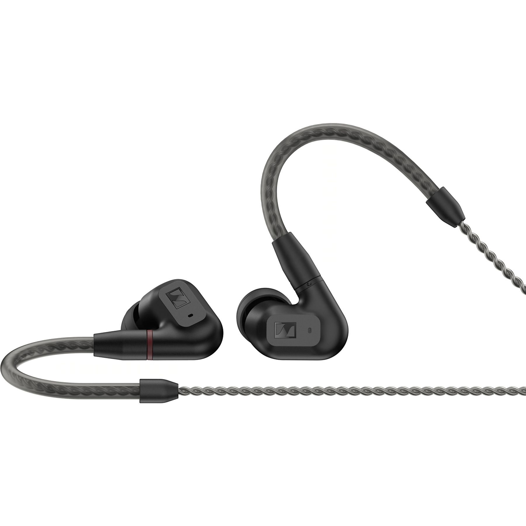 Schwarze In-Ear-Kopfhörer mit grauem Kabel und Markensymbol.