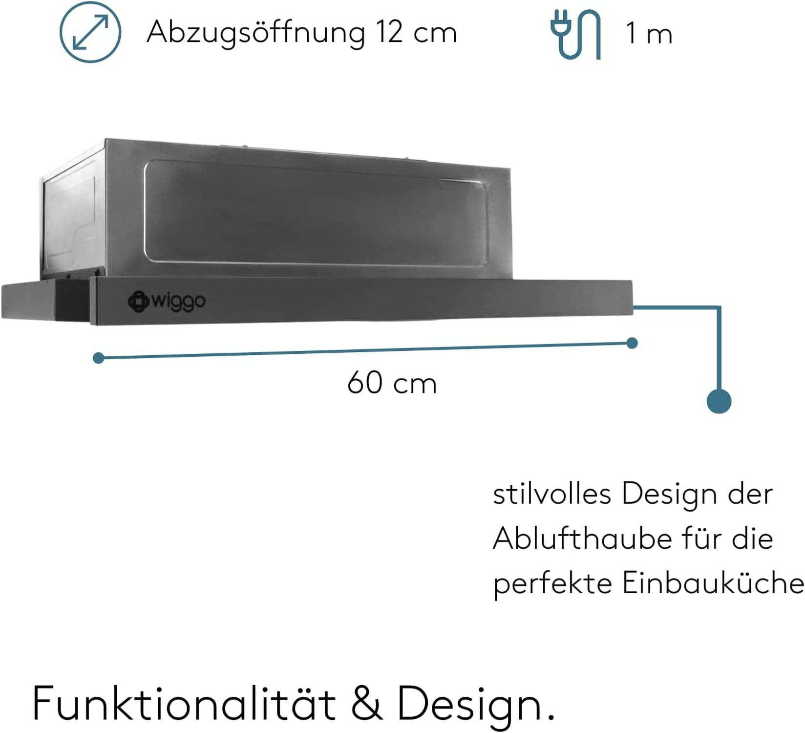 Edelstahl Dunstabzugshaube, 60cm breit, 12cm Abzugsdurchmesser.