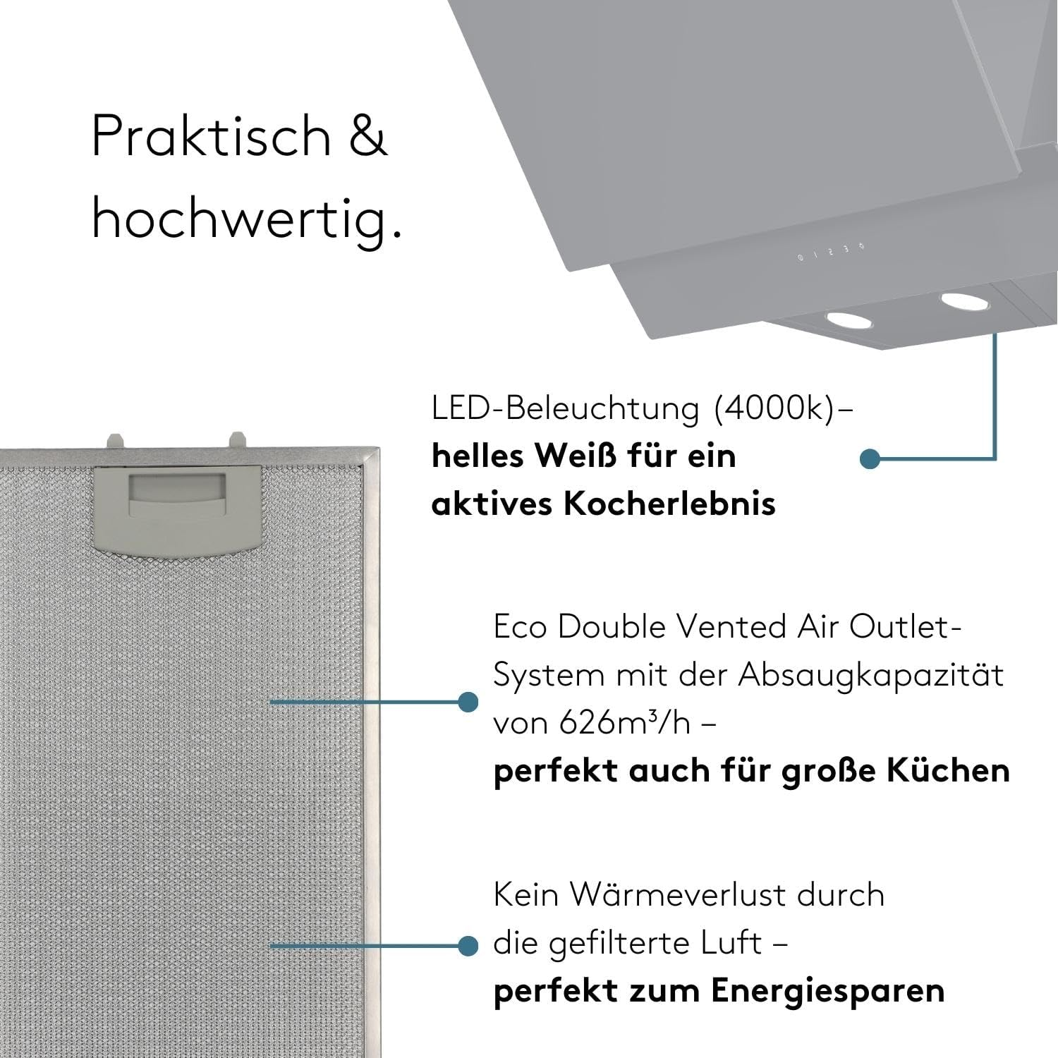 Hotte de cuisine grise avec texte. Éclairage LED, aspiration de 626m³/h.