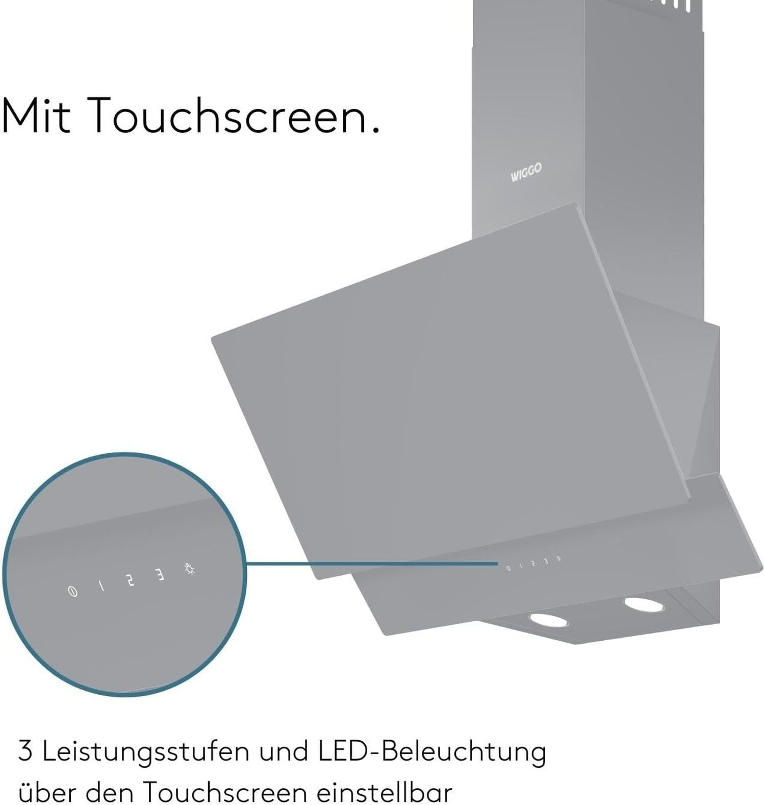 Hotte aspirante grise avec commandes tactiles et lumières LED.