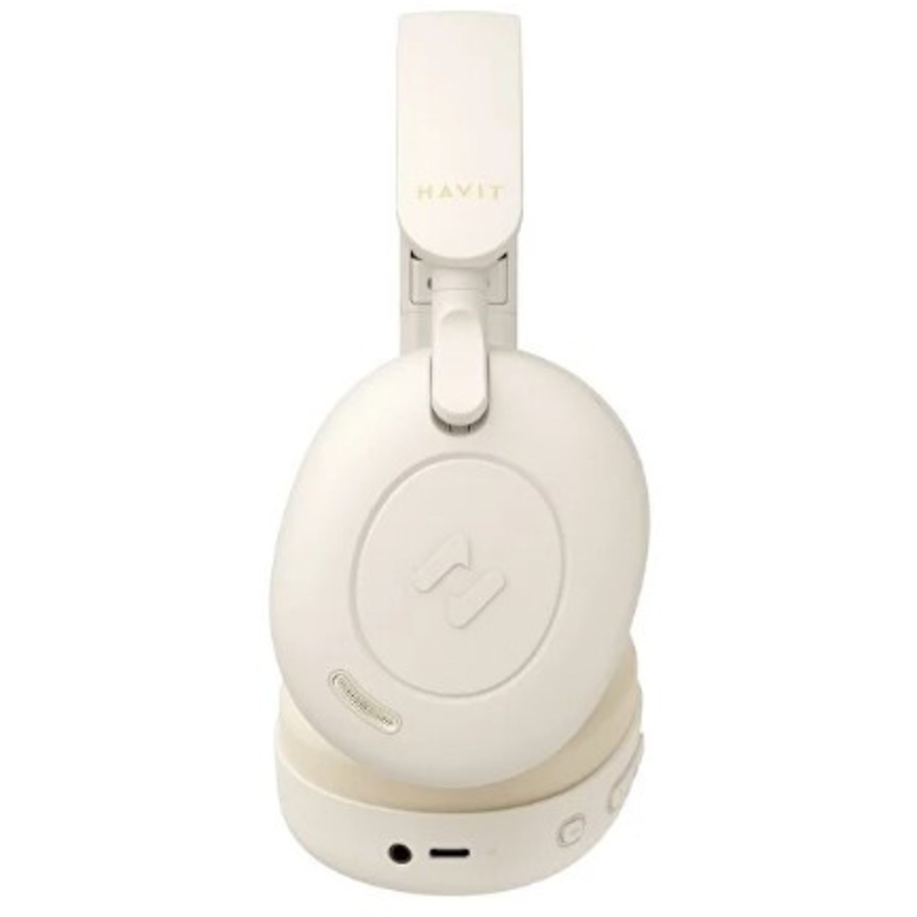 Kremowe słuchawki z logo Havit na pałąku.