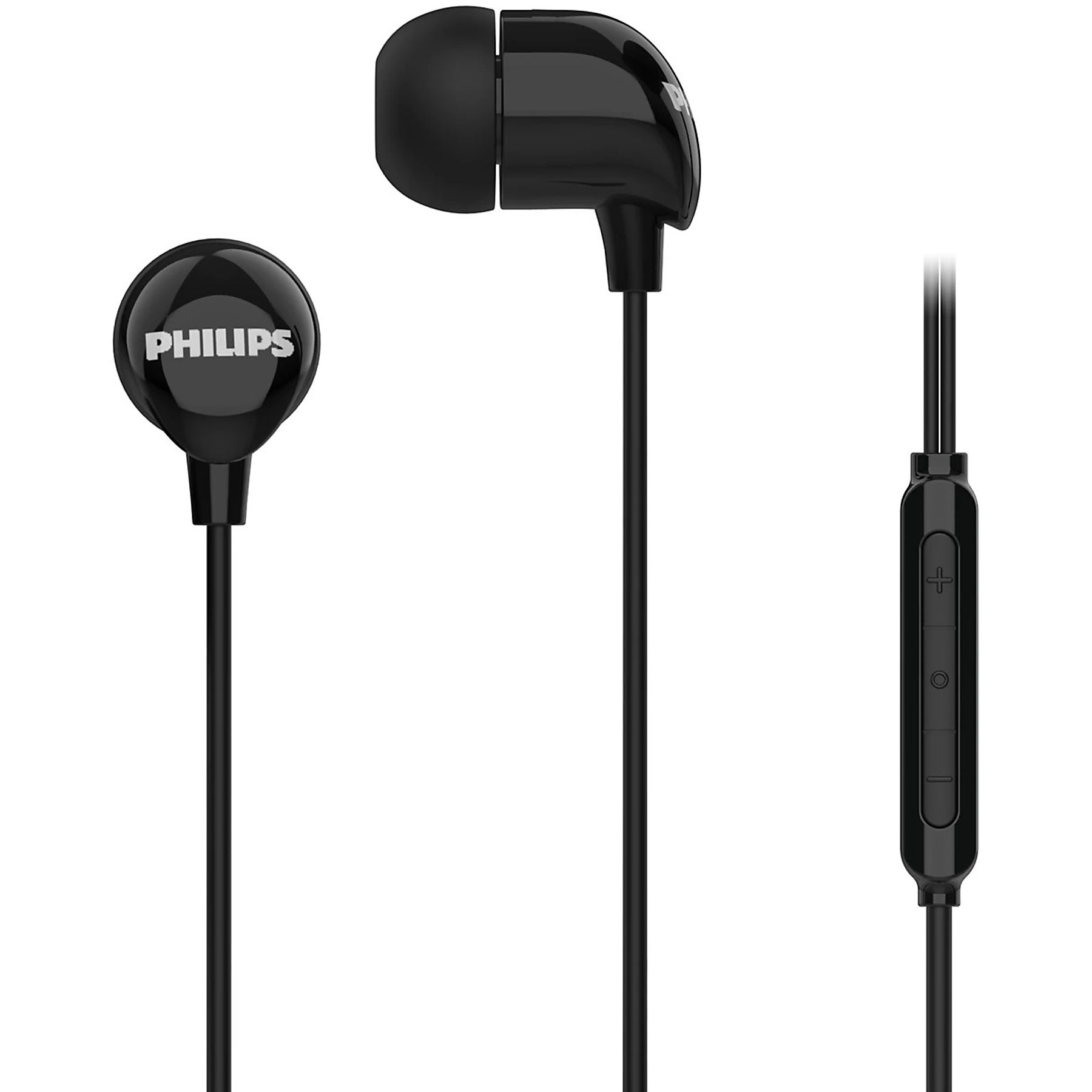 Schwarze Philips-Kopfhörer mit Fernbedienung und Mikrofon.