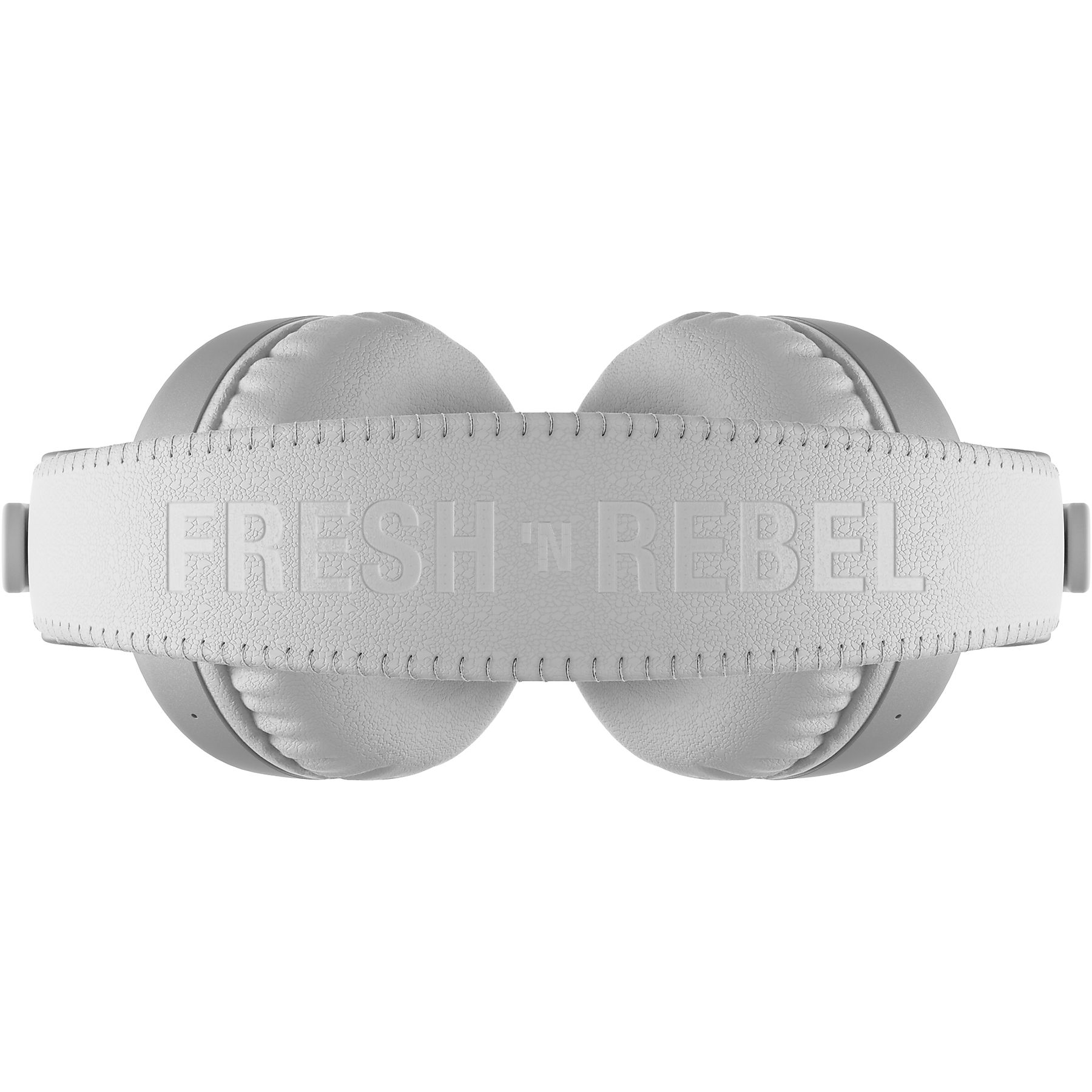 Cuffie grigie con archetto bianco cucito e logo in rilievo.