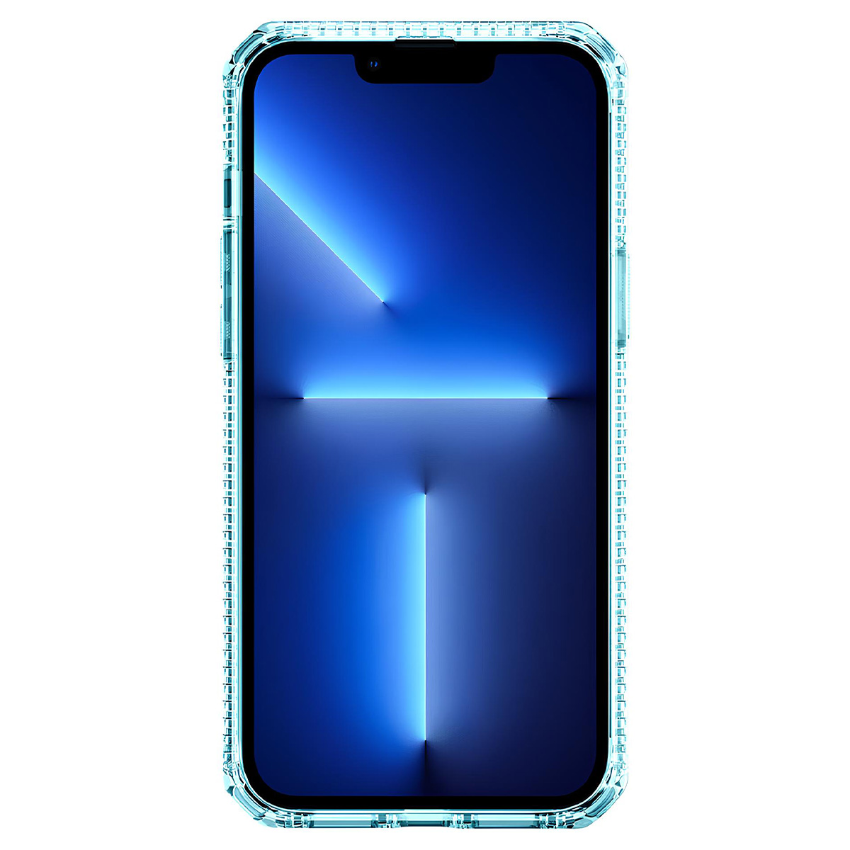 Un iPhone azzurro in una custodia trasparente con sfondo blu.