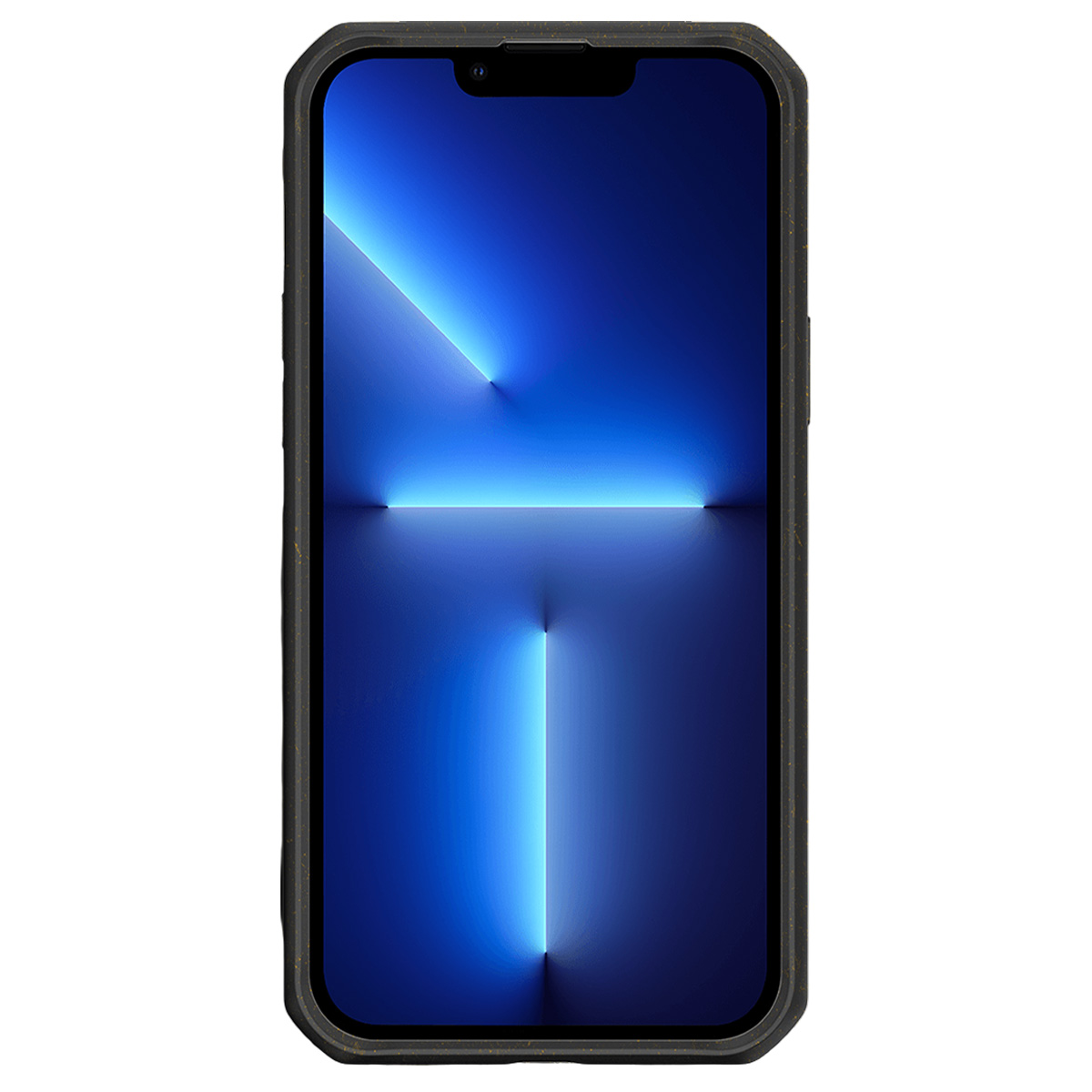 Un iPhone nero con sfondo blu. Lo schermo mostra un motivo luminoso.